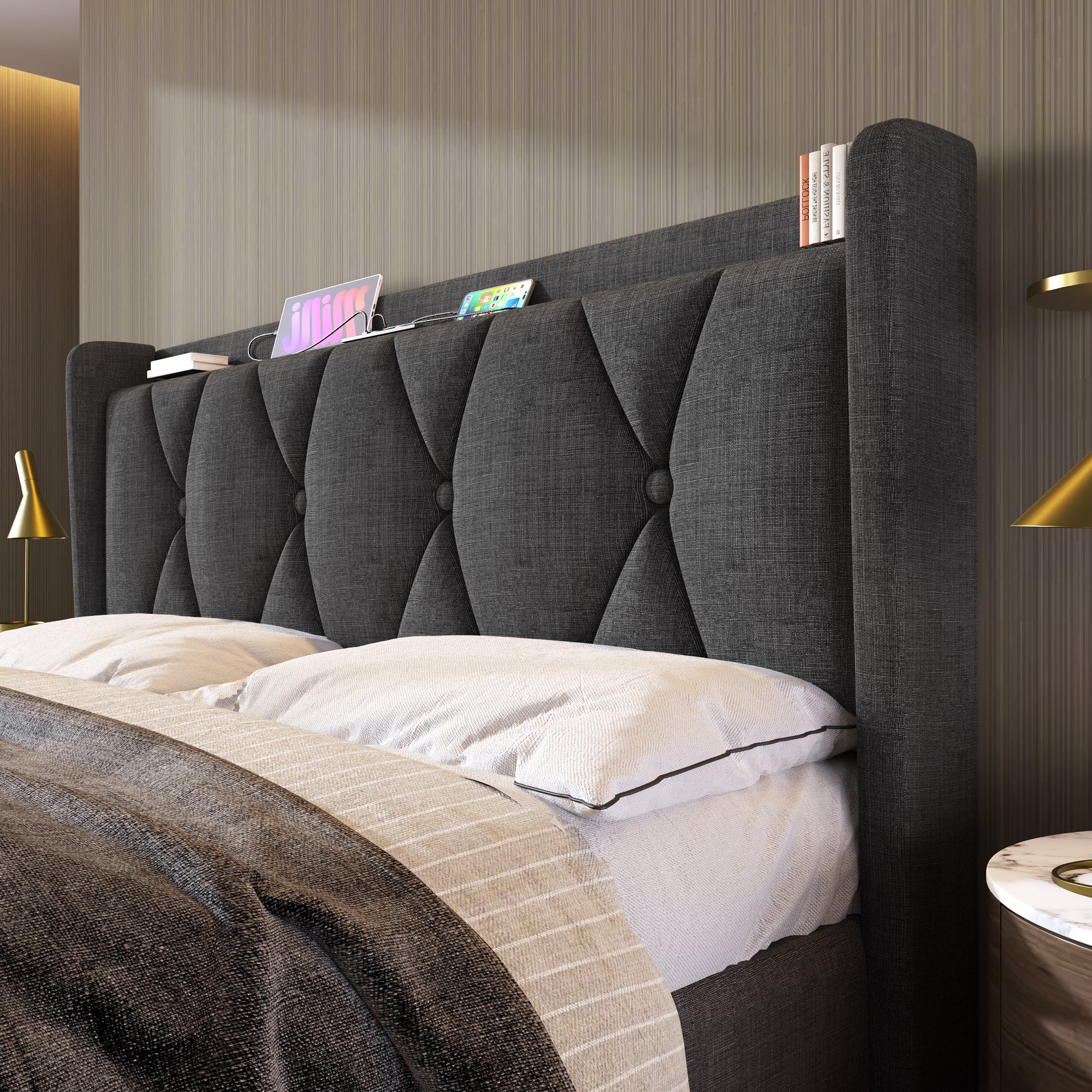 Letto imbottito 160 x 200 cm con testiera e 4 cassetti - USB - tessuto lino - grigio - 3