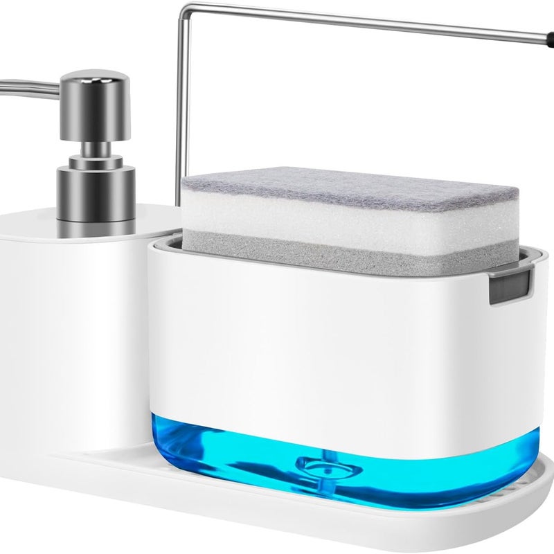 Dozownik mydła 4 w 1 z uchwytem na gąbkę i wieszakiem na ręczniki do kuchni i łazienki, biały (gąbka nie jest dołączona)