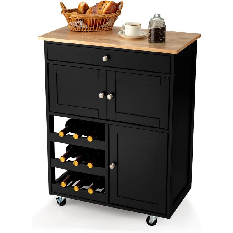 Wózek kuchenny na kółkach, wózek do serwowania z szufladami i 3-poziomowym regałem na wino i blatem roboczym, szafka kuchenna, wózek na kółkach