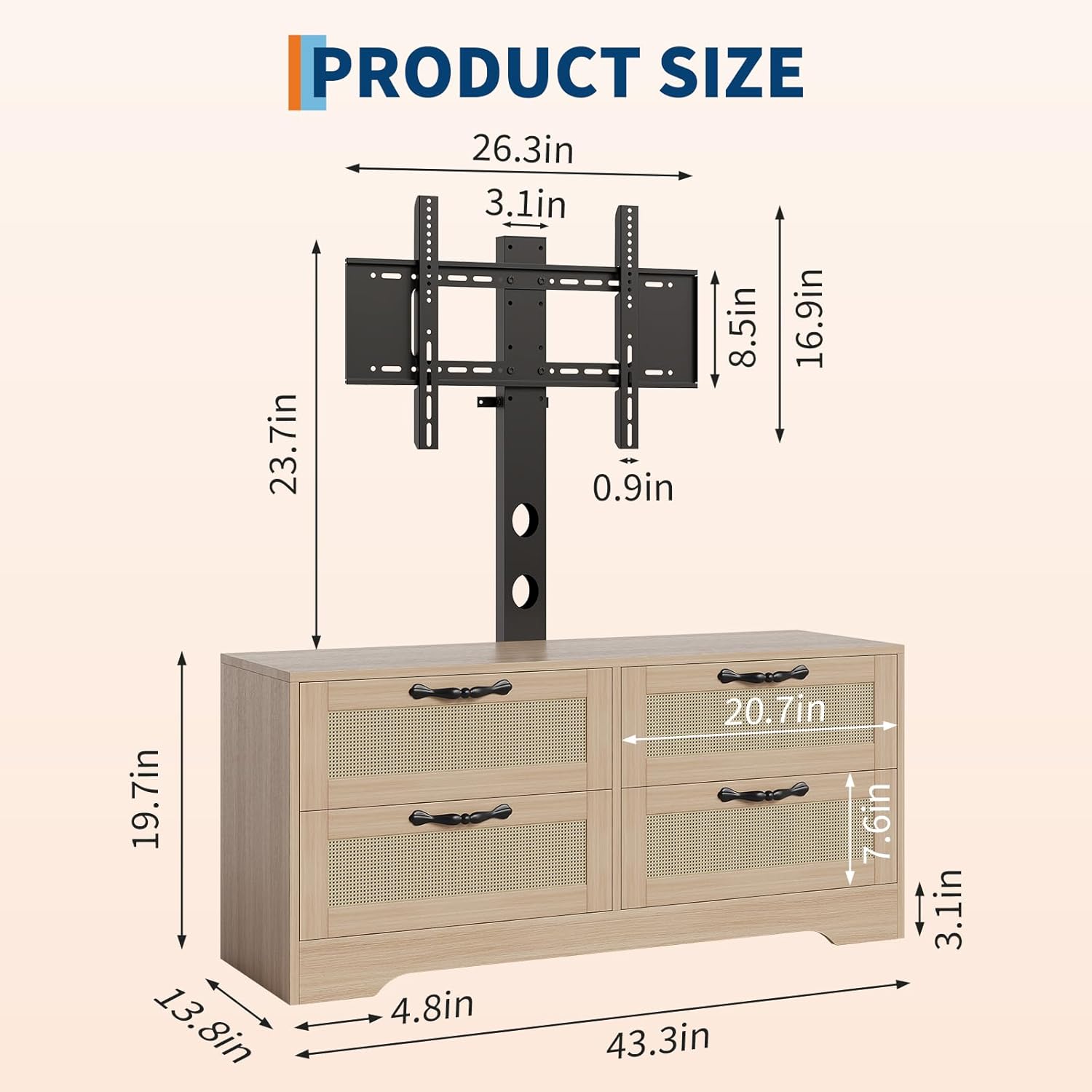 Meuble TV,Support TV avec Support Réglable, rangement TV avec Portes Rotin naturel,4 grands tiroirs,pour Salon Ou Chambre - 3