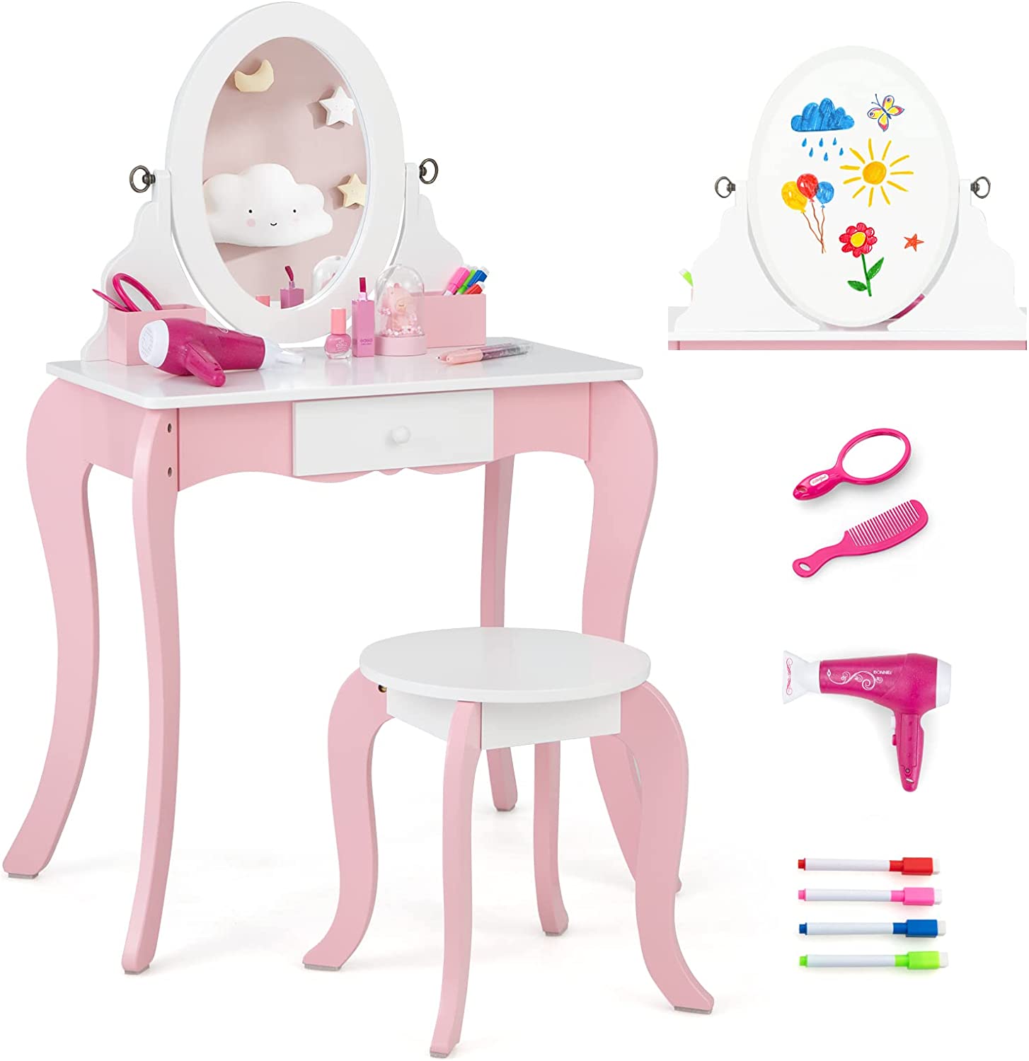 Coiffeuse Avec Tabouret Pour Fille - 3 Tiroirs, Miroir Ovale, En Bois Blanc (à Monter)