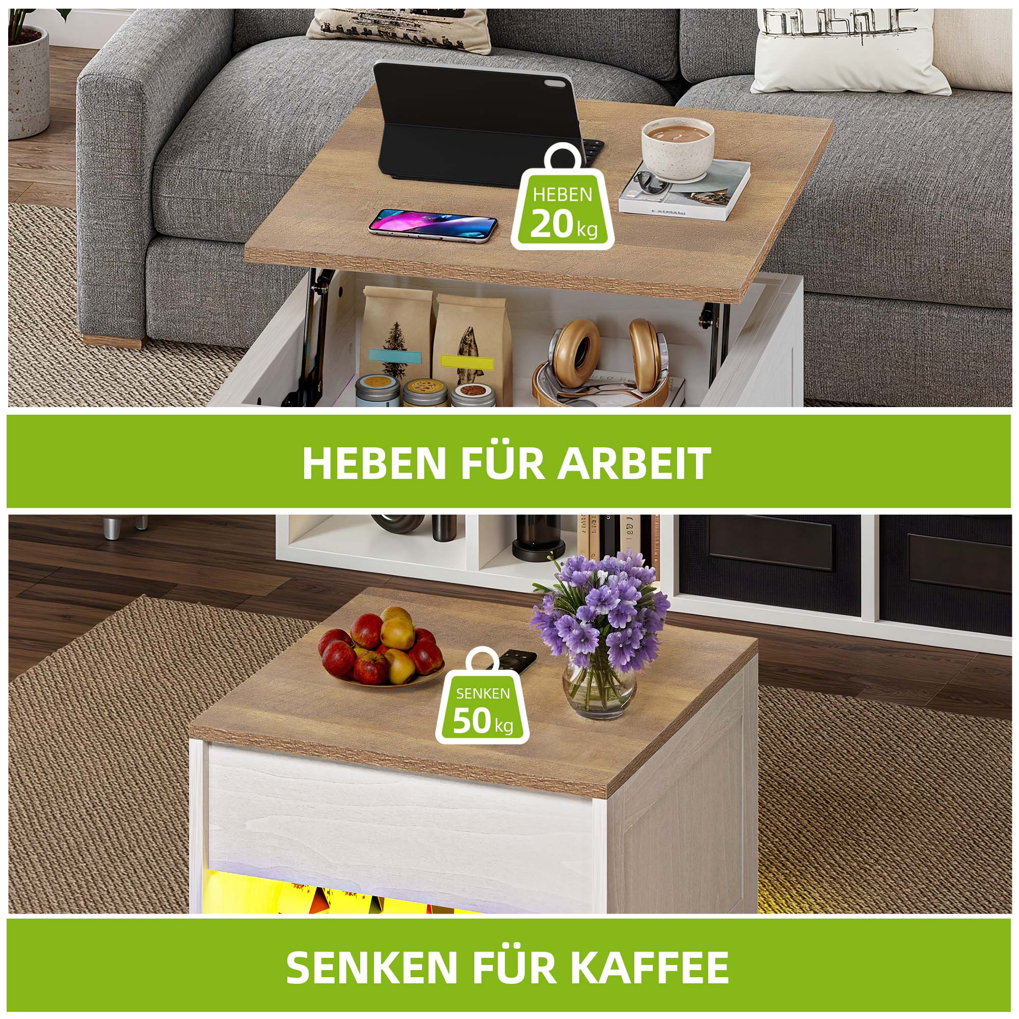 Balconera Table Basse Plateau Relevable-60x60x45cm-Beige+Blanc - 3