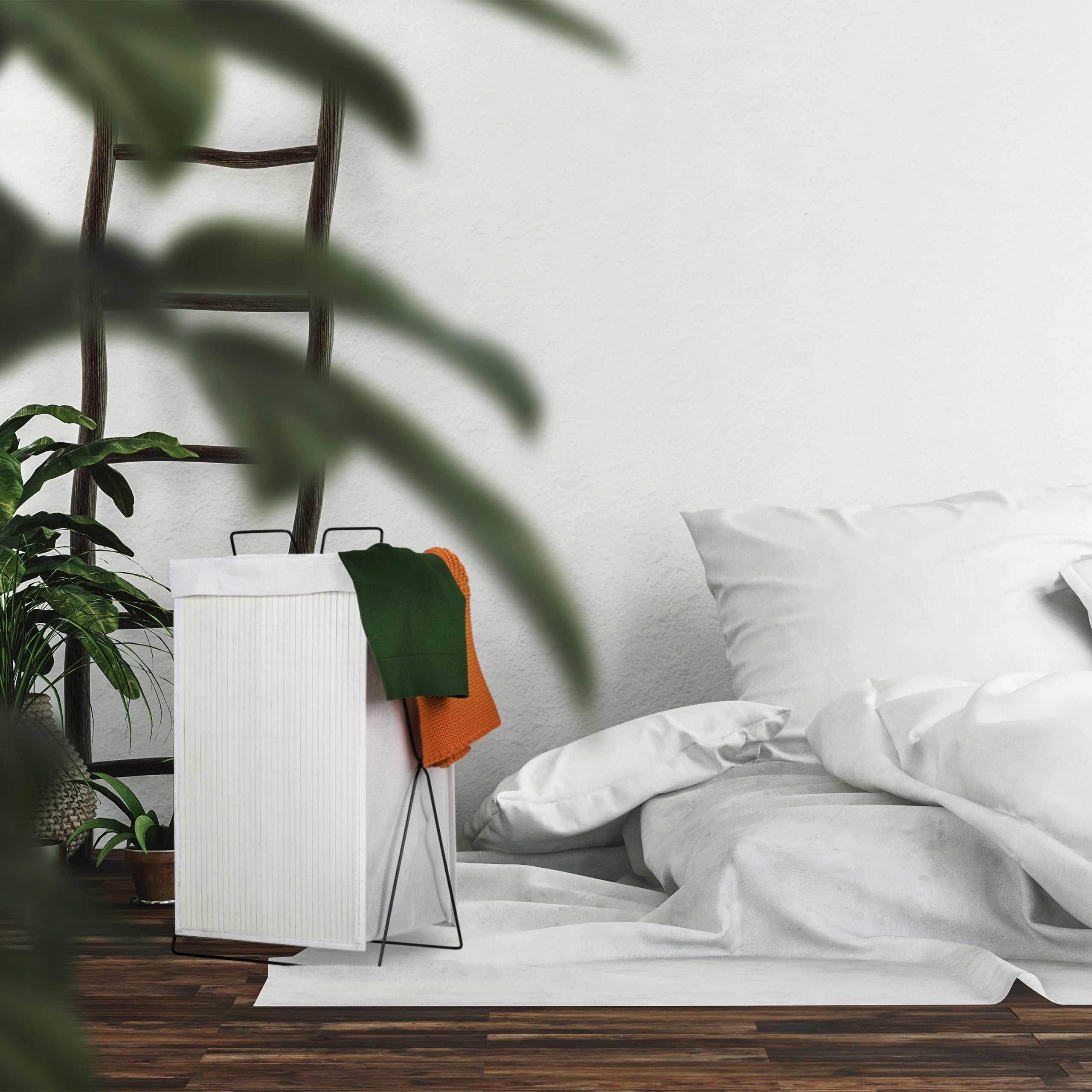 Corbeille à linge bambou 40 L panier à linge pliable sac à linge anse pliant HxlxP 61 x 38 x 22 cm, blanc, Relaxdays - 6