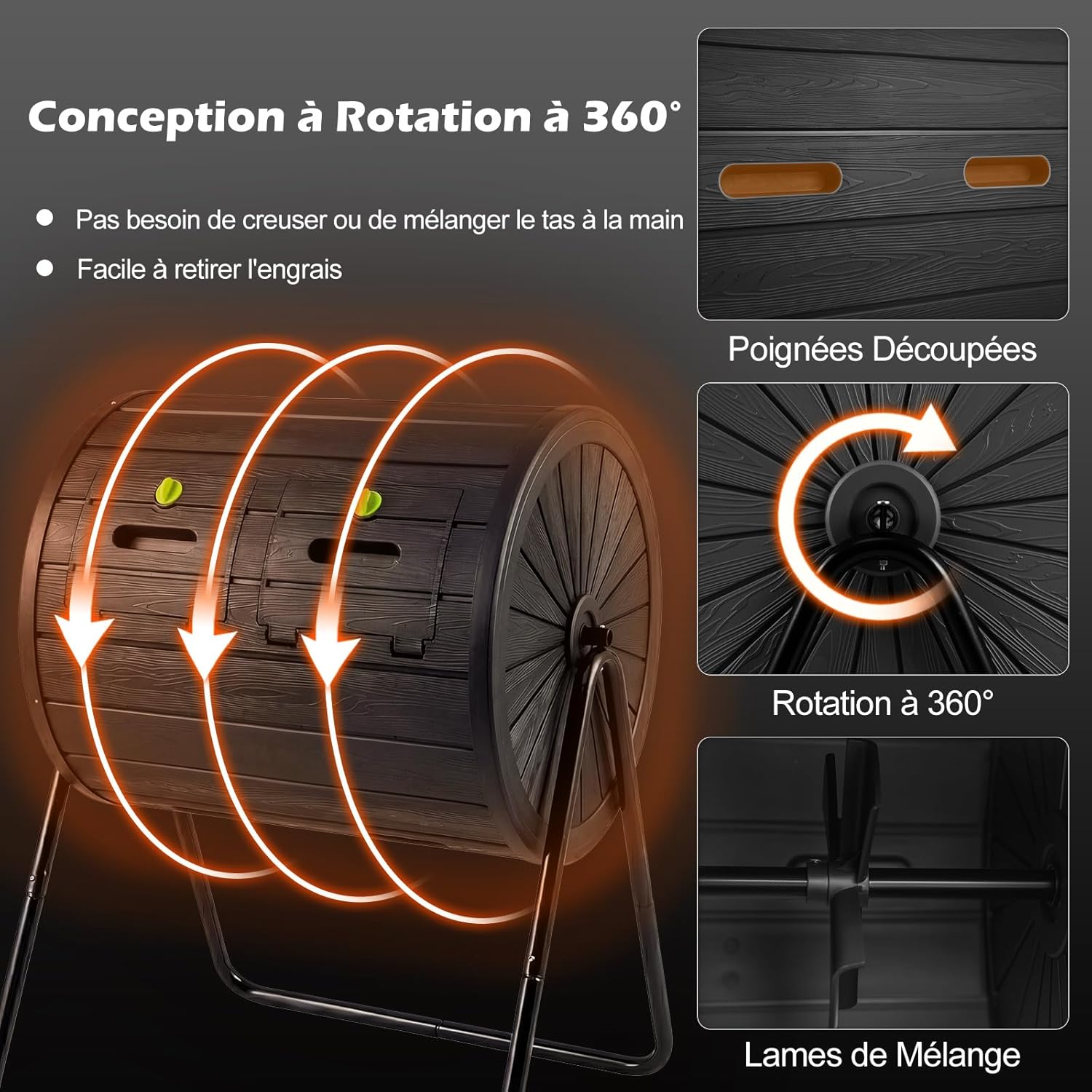 GIANTEX Composteur de Jardin 142 L à Double Chambre,Cadre en Métal Rotatif 360° ,2 Portes Verrouillables sans BPA,Déchets de Cuisine Jardin,Noir - 4