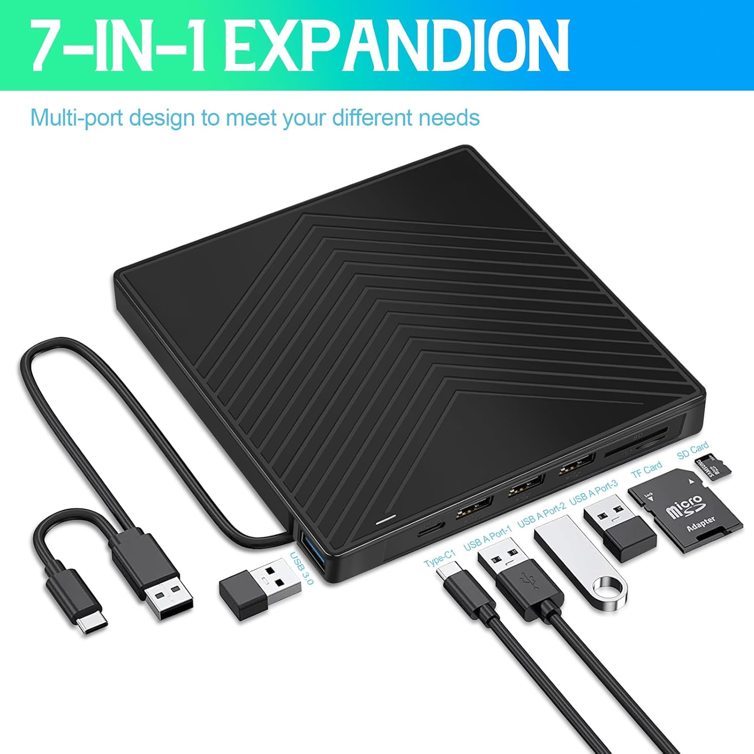 Lecteur CD DVD Externe 7 en 1 USB 3.0 et Type-C, Graveur CD DVD +/-RW ROM Portable avec Slots SD/TF, 4 Ports USB et USB-C, Compatible PC Windows 11/10 - 4
