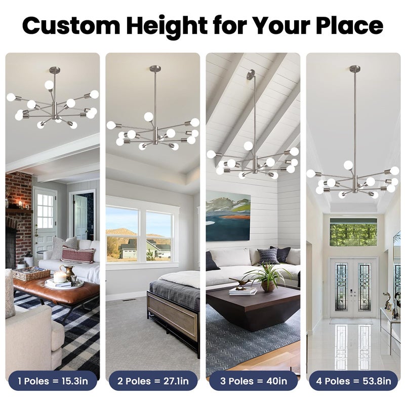 Nowoczesny żyrandol Sputnik,industrialna chromowana lampa sufitowa z 12 źródłami światła oświetlenie,wysokość jadalni,żarówka nie jest dołączona - 3