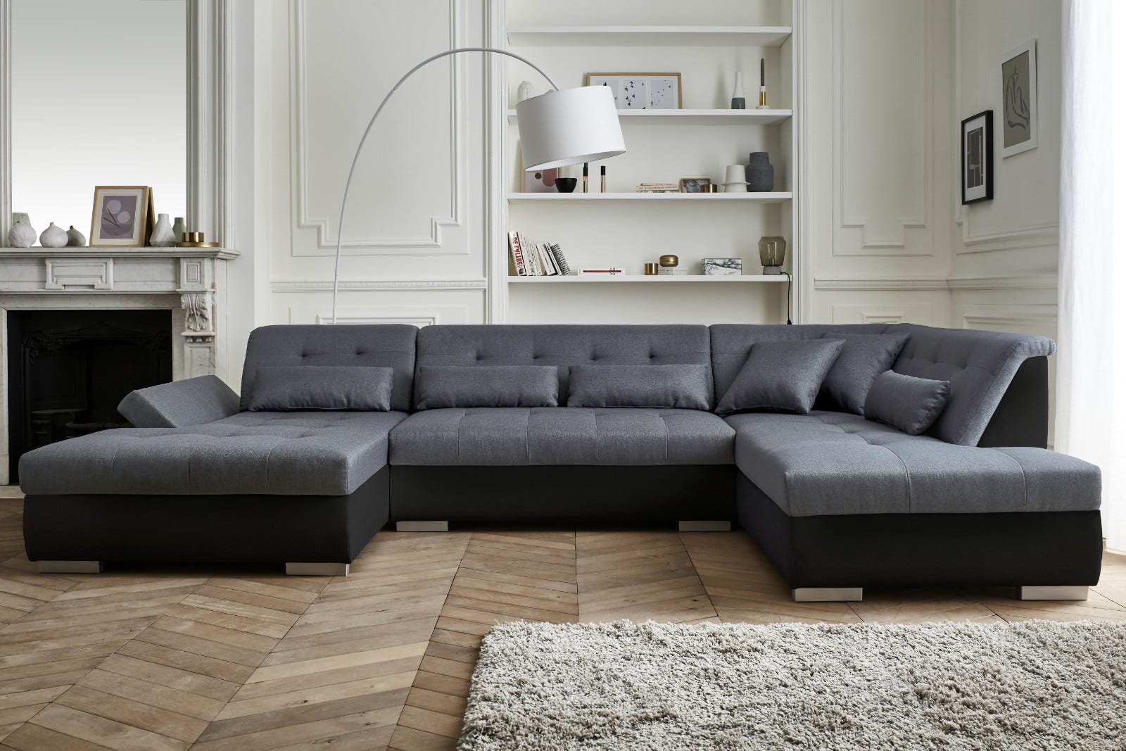Canap Panoramique 7 Places Angle Droit En Simili Tissu Noir Gris canap-panoramique-7-places-angle-droit-en-simili-tissu-noir-gris