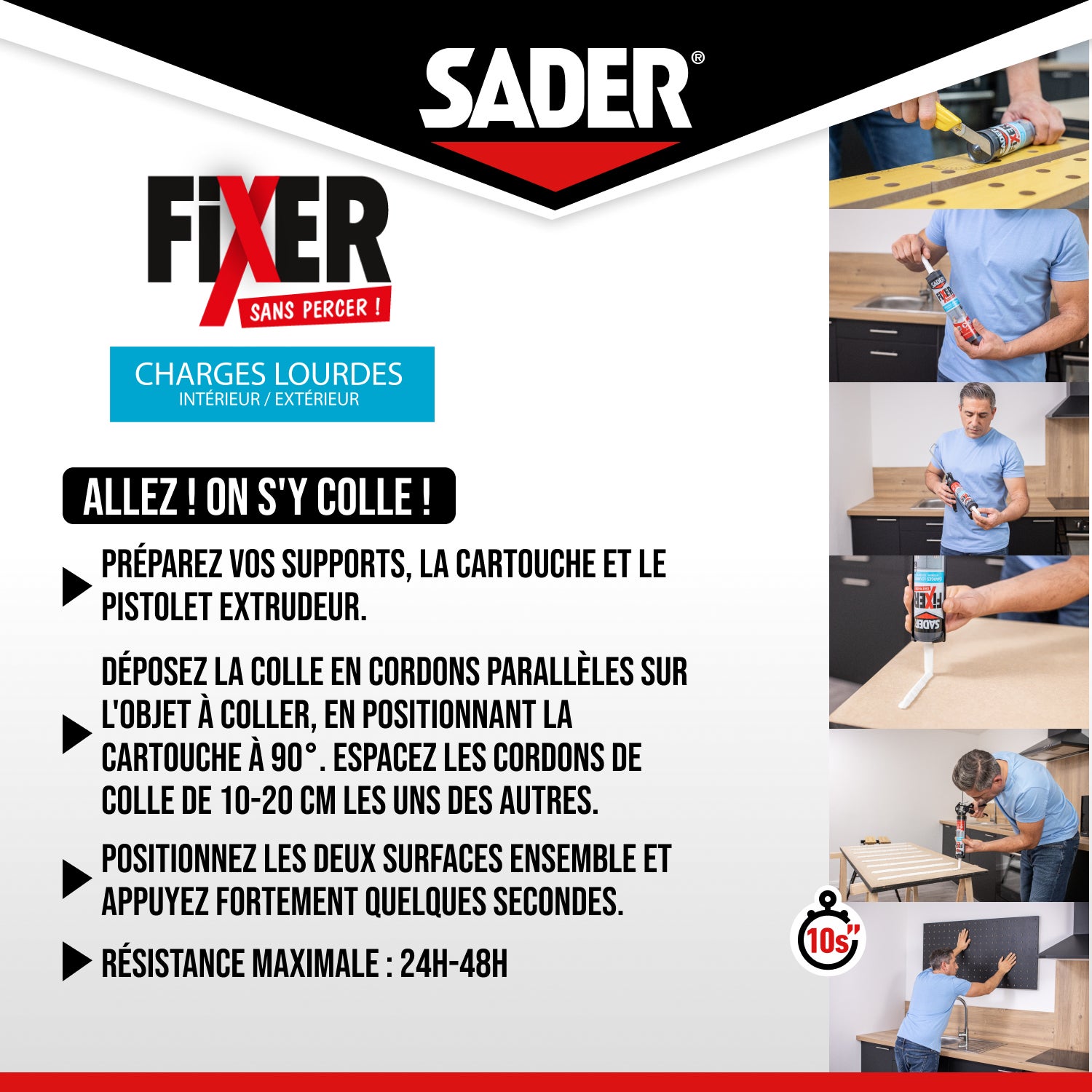 Sader Fixer Sans Percer Charges Lourdes - Mastic Colle pour Tous Matériaux - Maintien Immédiat Ultra Puissant- Intérieur / Extérieur- Cartouche 460g - 6