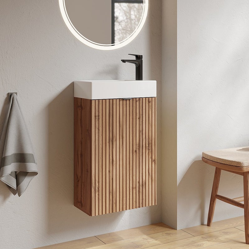 Szafka pod umywalkę ryflowana z dwustronnymi drzwiczkami naturalna jasna - wys. 60 x szer. 40 x gł. 22 cm - VAHIRA