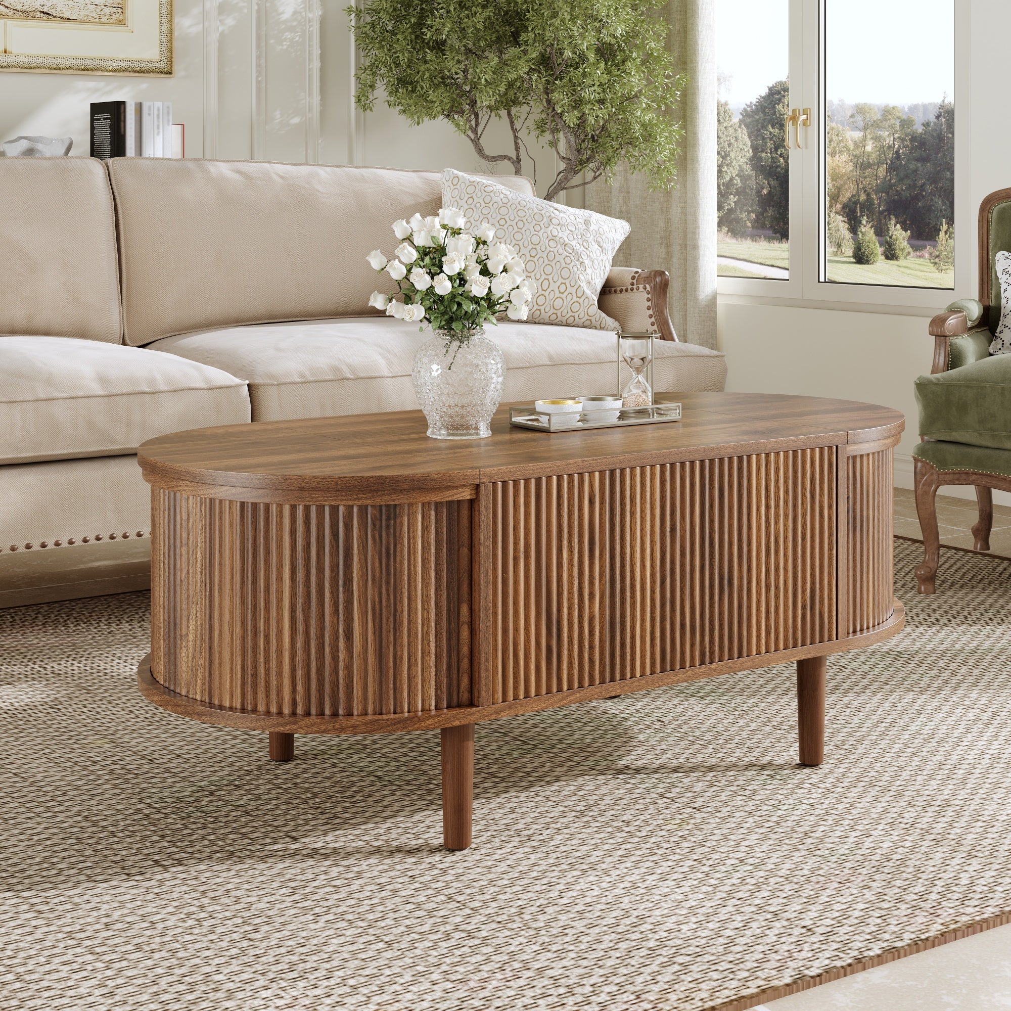 Owalny stolik kawowy z podnoszonym blatem – 100 x 48 x 53,5 cm – MDF i nogi z litego drewna – orzech - 5