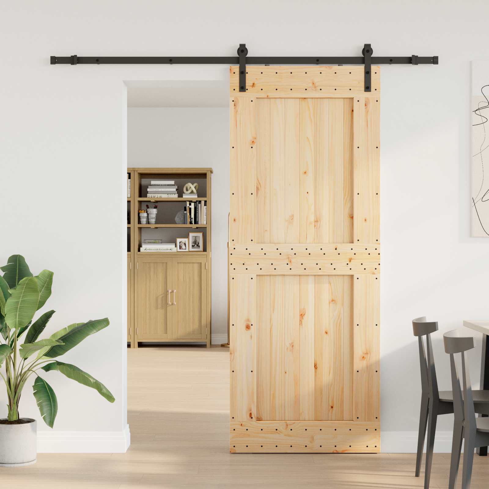 Porte coulissante avec rail - Bois de pin massif et acier - Naturel et ...