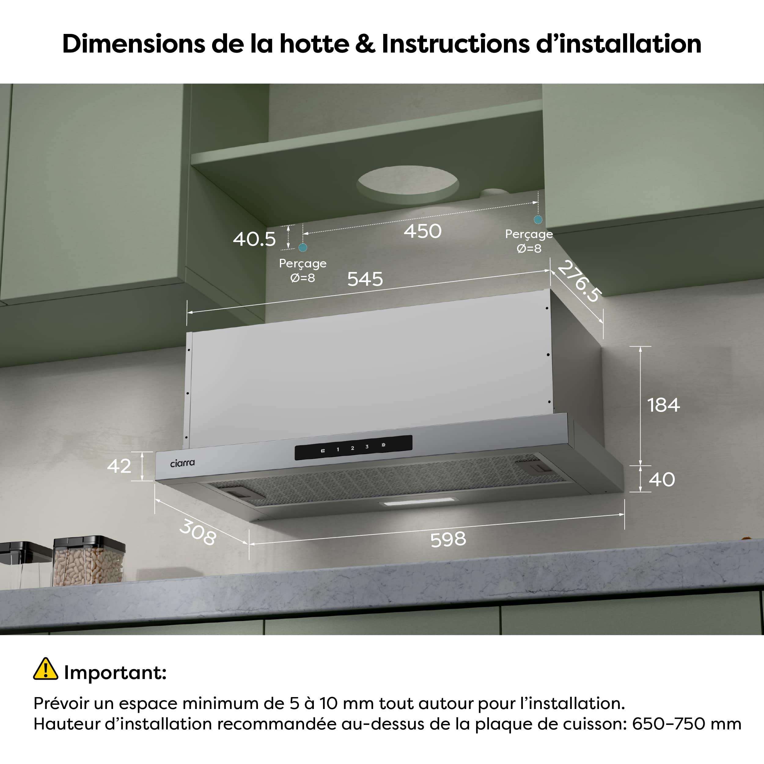 CIARRA Hotte tiroir encastrable 60cm 606 m³/h A+ 3 Vitesses Touche Tactile LED Affichage Recyclage et Évacuation Inox CD6909AS - 8
