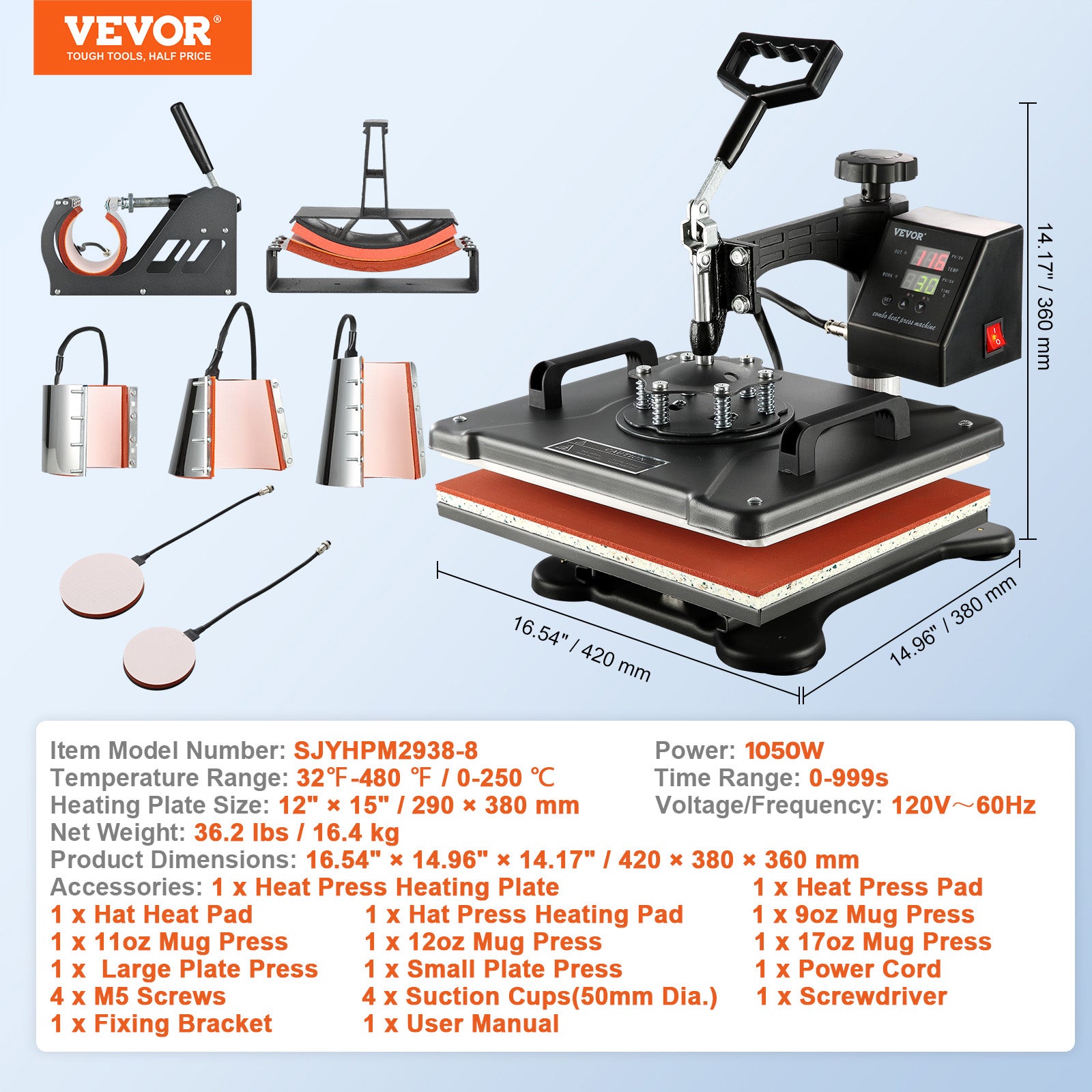 Presse à chaud VEVOR 8 en 1 30x38CM Machine de Sublimation de Transfert avec Numérique écran LCD Pour T-Shirts Chapeaux Casquettes Tasses Assiettes - 7