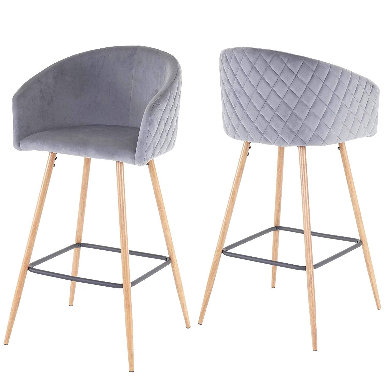 Juego de 2 taburetes de bar de tela de terciopelo gris con reposapiés tdb04037