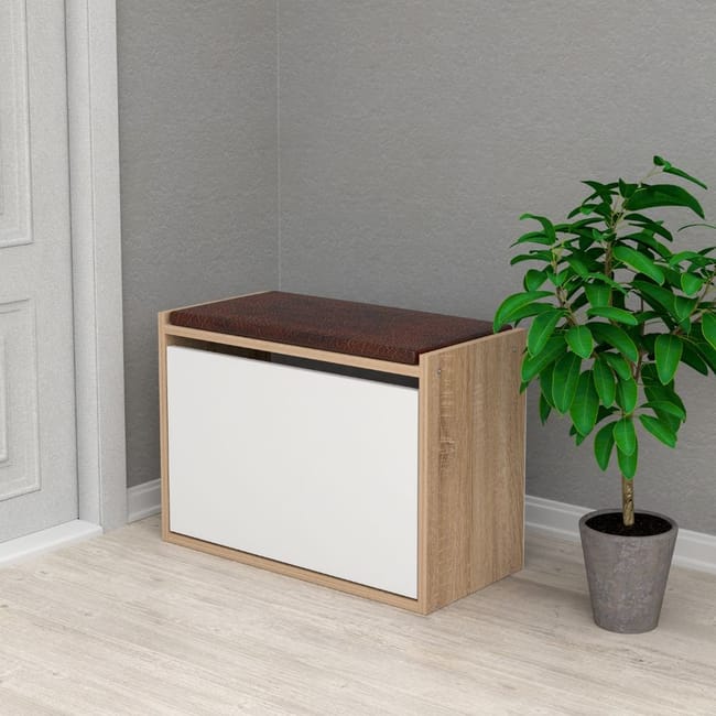 Scarpiera Panca Due Porte New Est 120x38xh50 Cm- Peso 31 Kg In Legno Colore Bianco E Rovere Woodman 12136100101