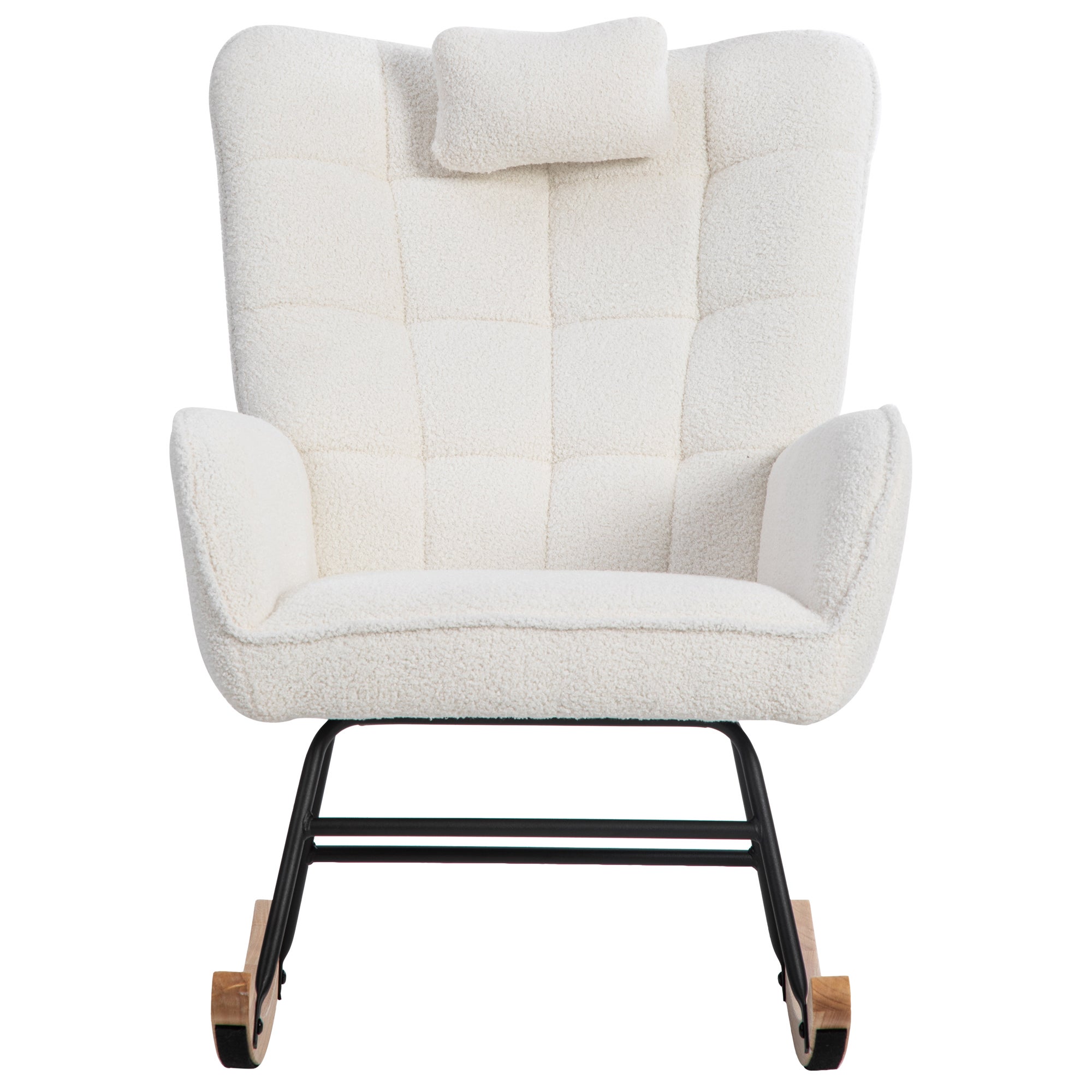 Fauteuil à bascule Rocking chair en tissu bouclette - avec oreiller et repose-pieds - Blanc - 6