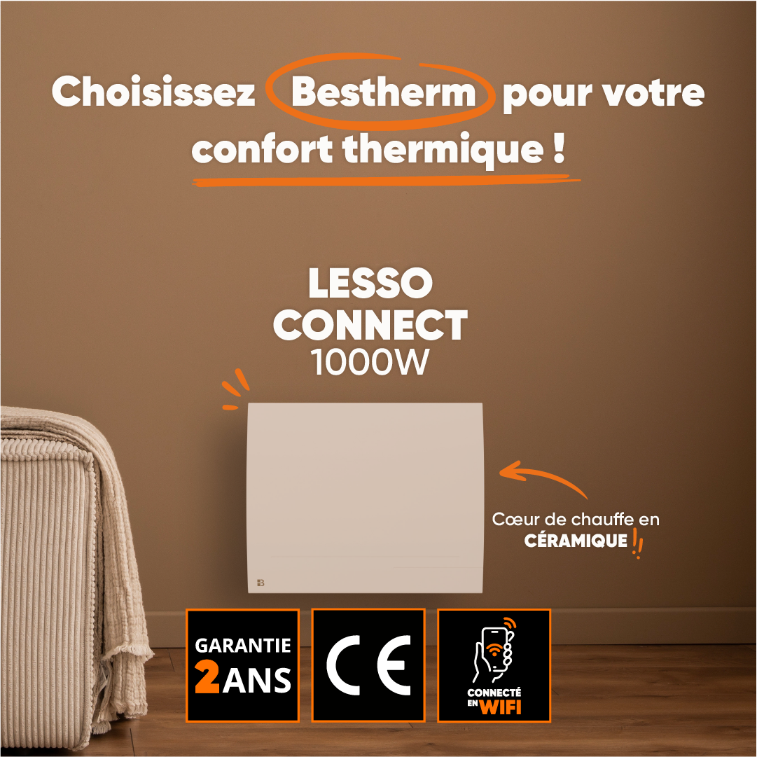 Radiateur électrique fixe connecté WIFI à inertie sèche céramique 1000W Bestherm LESSO CONNECT horizontal blanc - 3