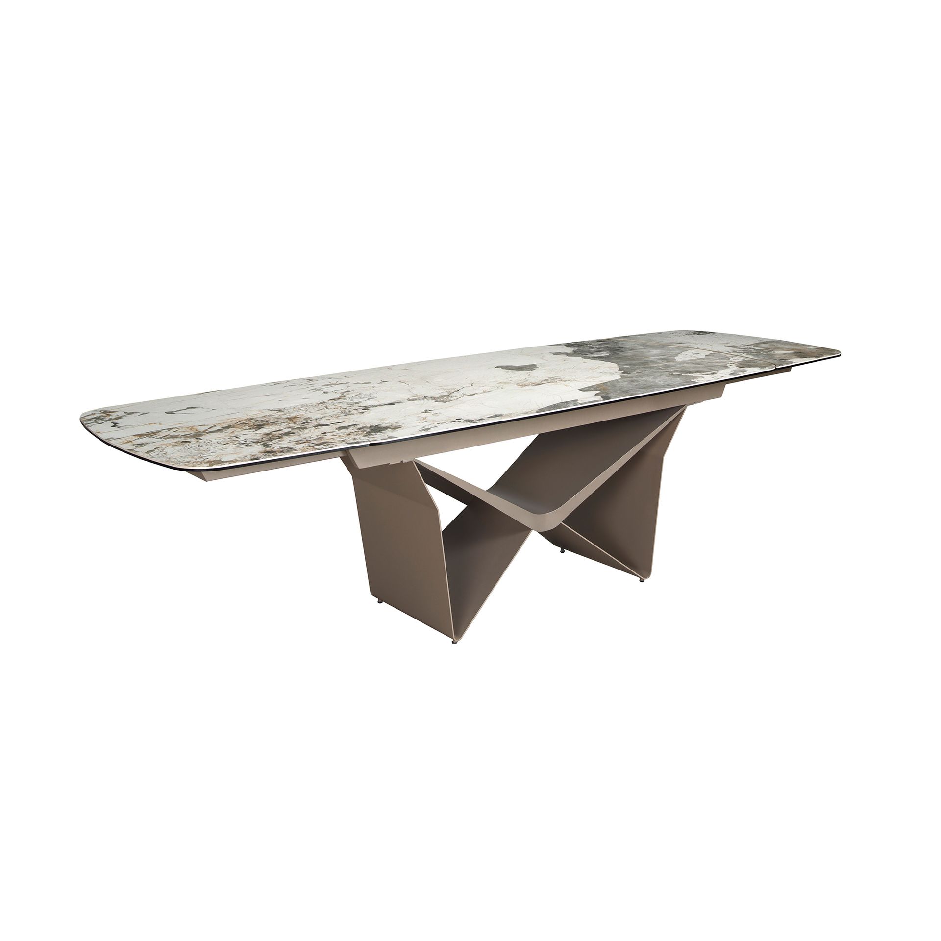 Owalny rozkładany stół do jadalni z owalną beczką z porcelanowego marmuru i metalicznej stali w kolorze taupe 200 x 100 x 76 cm