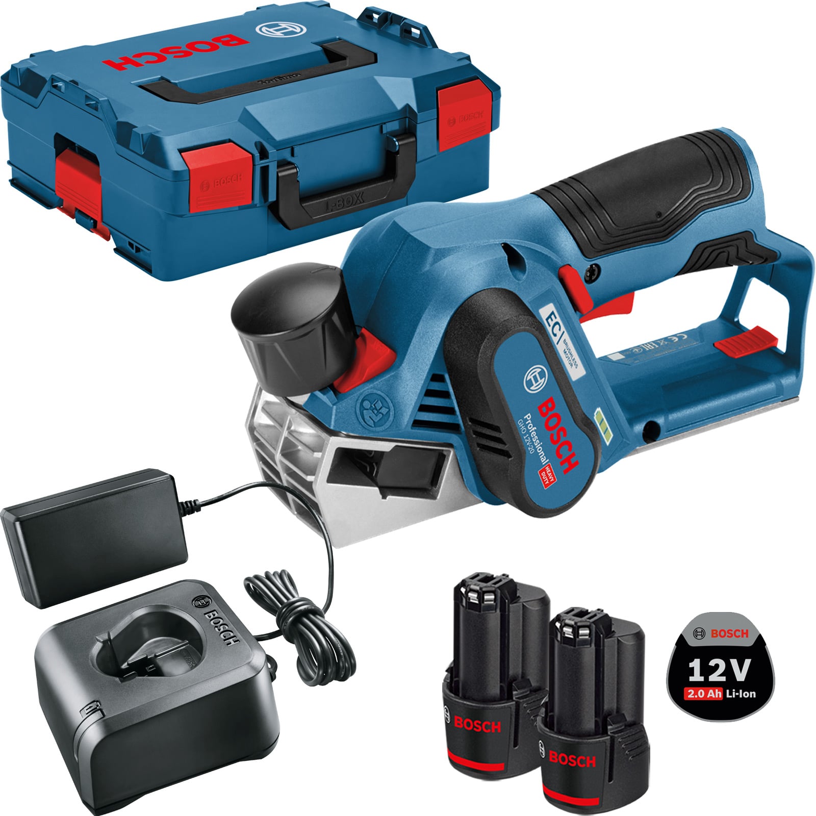 Bosch Akumulatorowa strugarka GHO 12V-20 12 V / 2x akumulator 2,0 Ah + ładowarka w L-Boxx