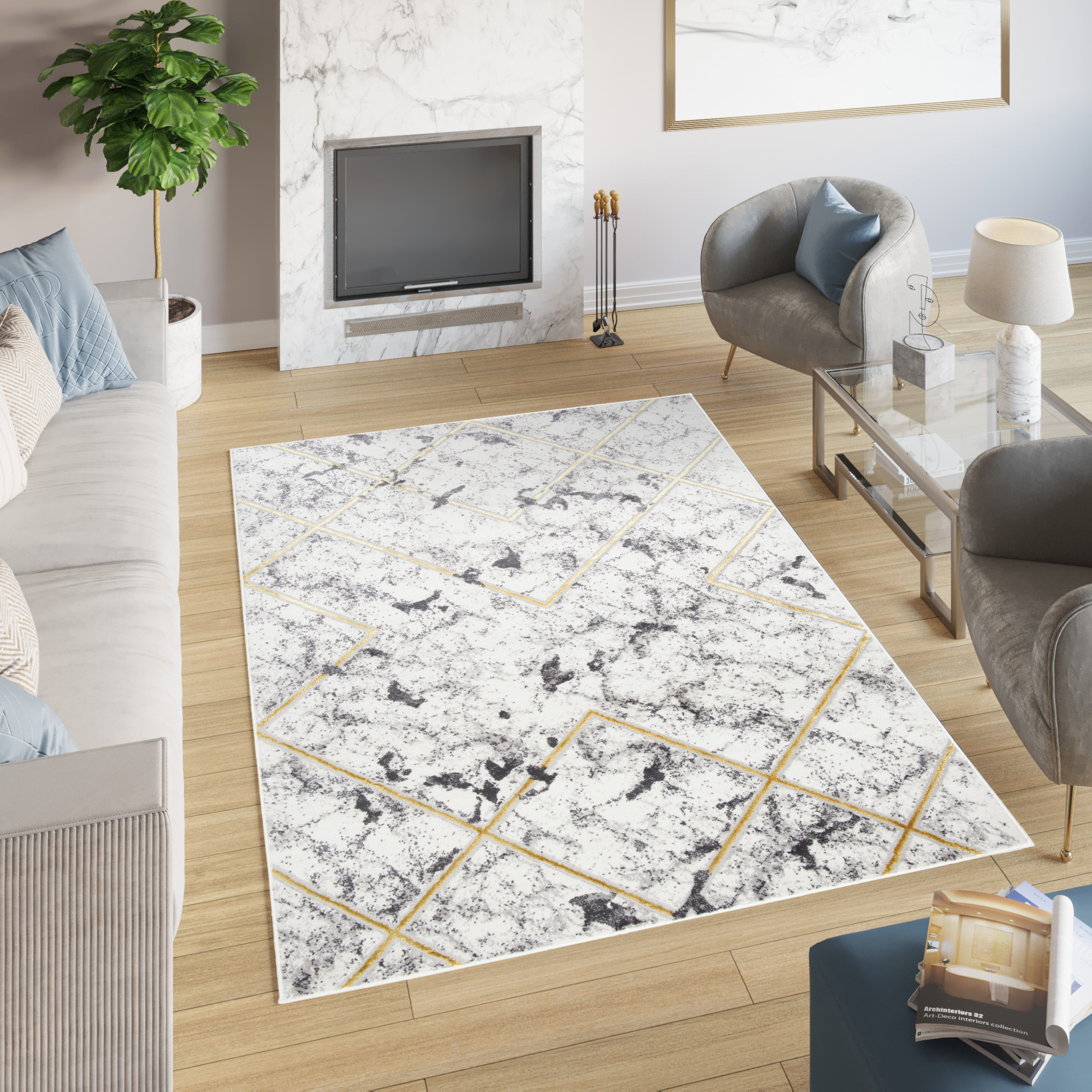 Tapiso shine alfombra para salón dormitorio moderno crema oro grafito geométrico suave 250 x 350 cm