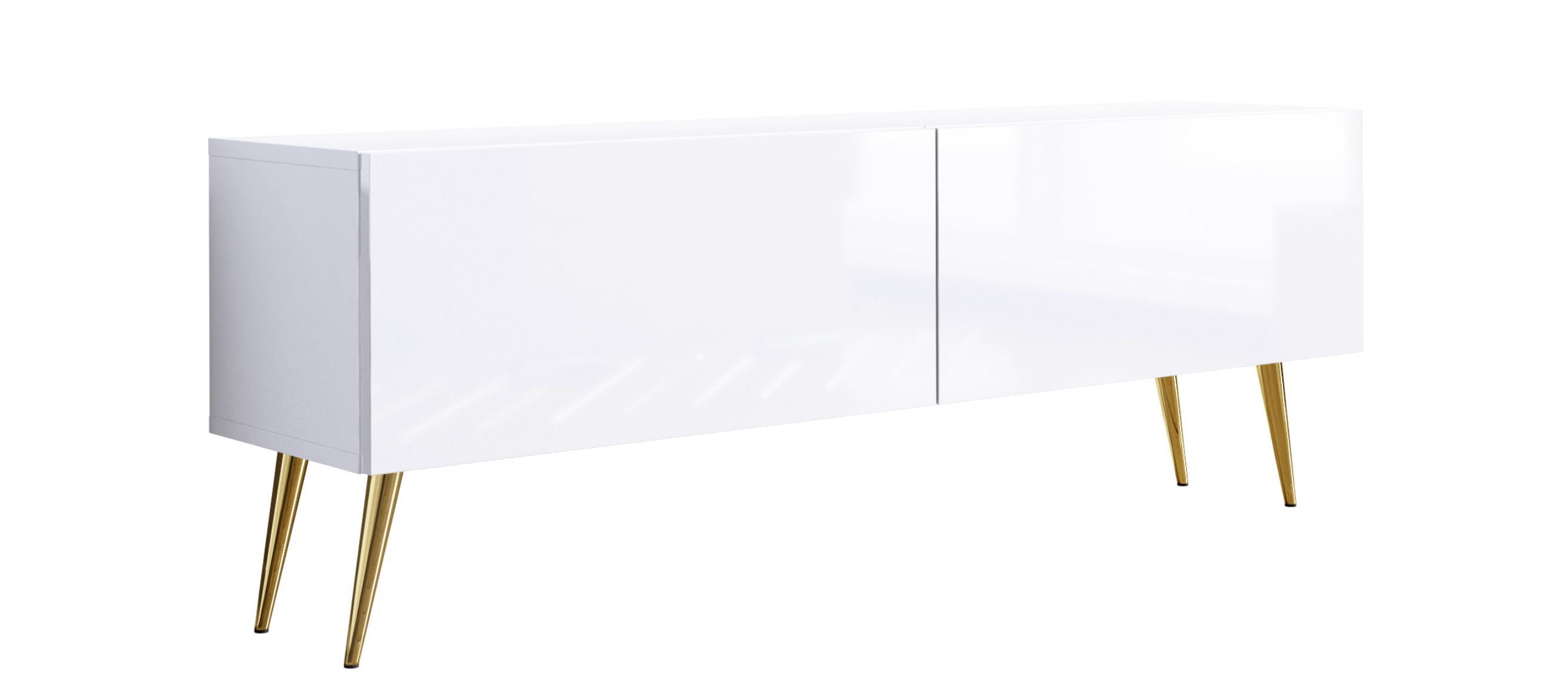 Szafka RTV : Biały Matowy / Biały Połysk, złote nogi, 140 x 32 x 52 cm