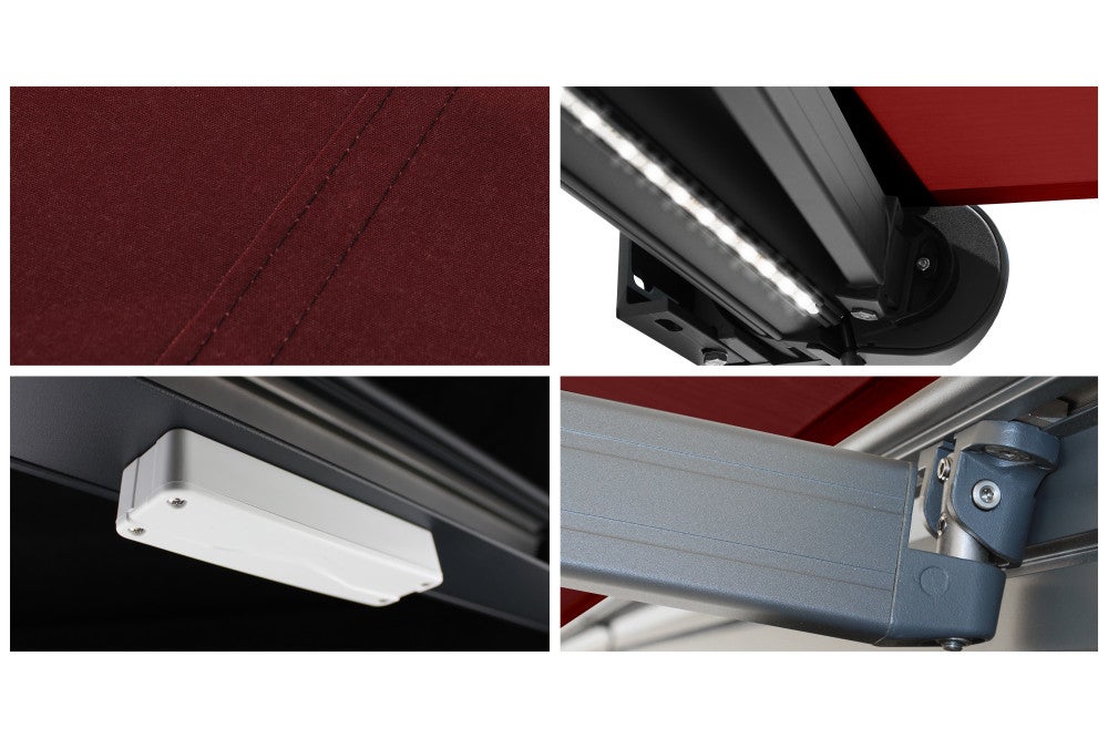 Store banne Coffre intégral PROTECT 2 LED SMART Gris Anthracite 4,05x3,50m Motorisé à télécommande + Capteur Vent + LED - Toile Rouge - 5