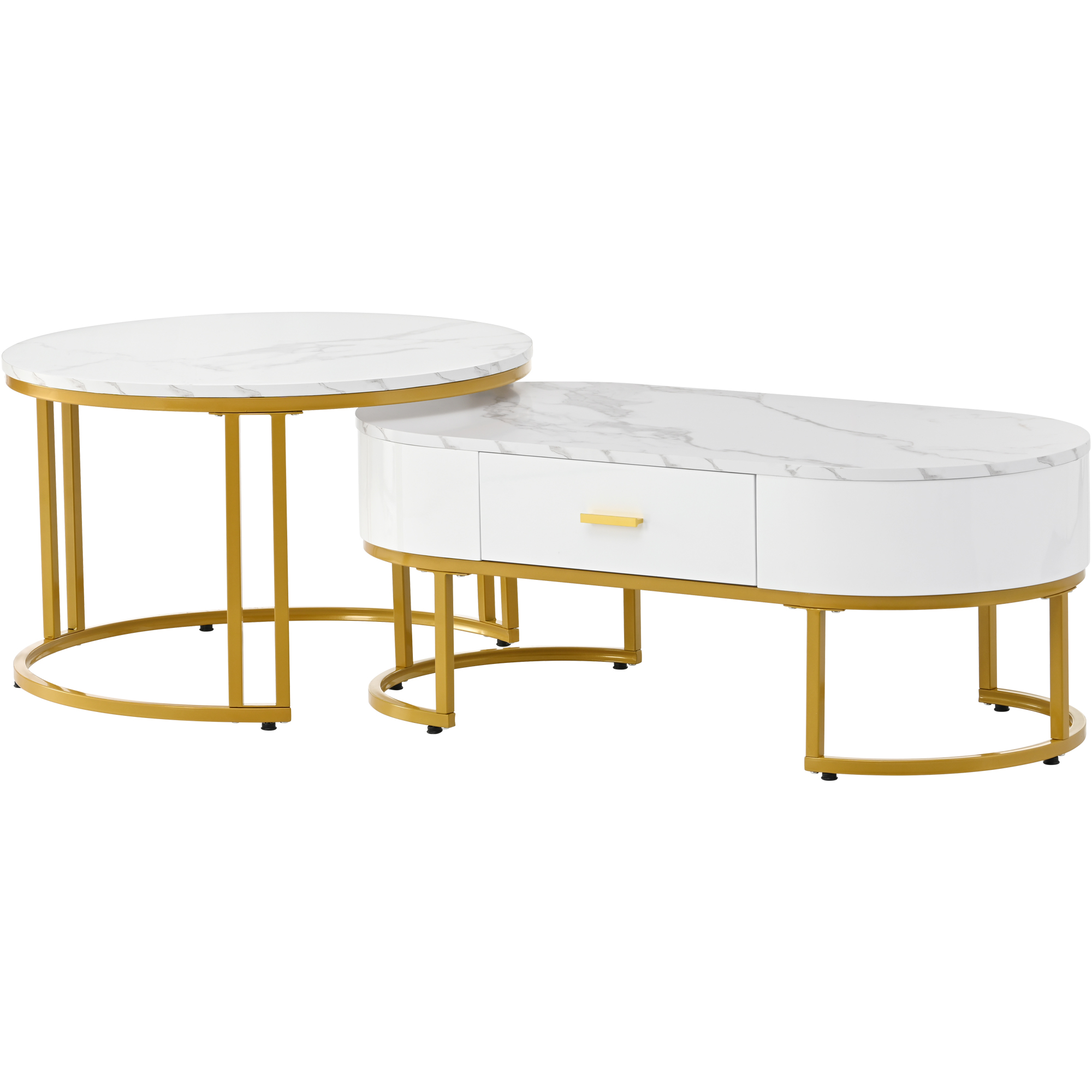 Zestaw 2 składanych stolików kawowych z szufladą - nogi metalowe - okleina marmurowa - kolor biały - 6