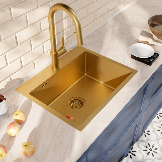 Ceramia Timeless 55x45x21 cm évier encastrable inox 304 + mitigeur inox avec douchette extractible, or brossé (TMLKST-5545BG-M2)