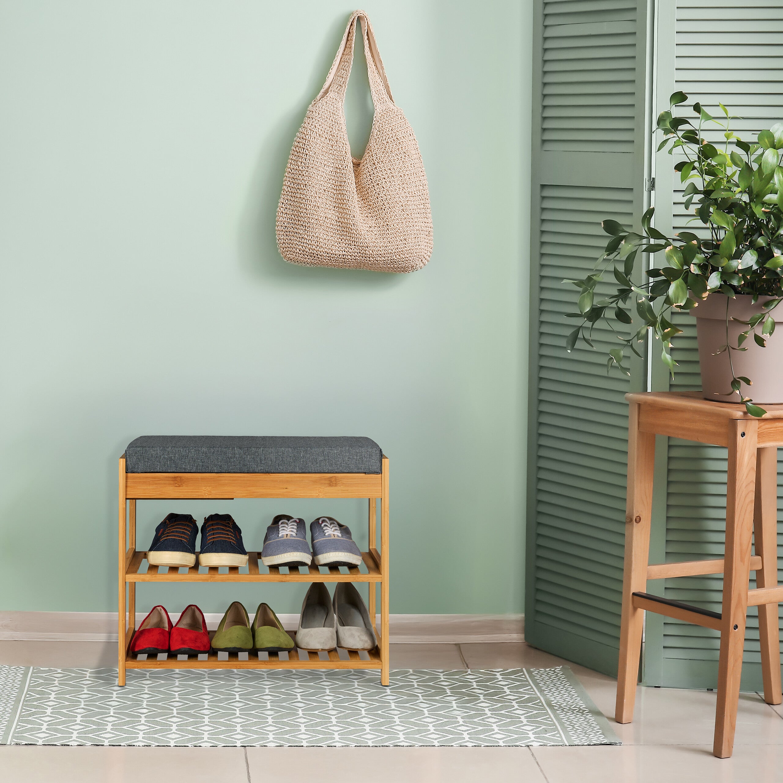 HOMCOM Scarpiera Panca Con Cuscino – 2 Ripiani In Bambù E Grigio, 60x29x50 Cm - 3