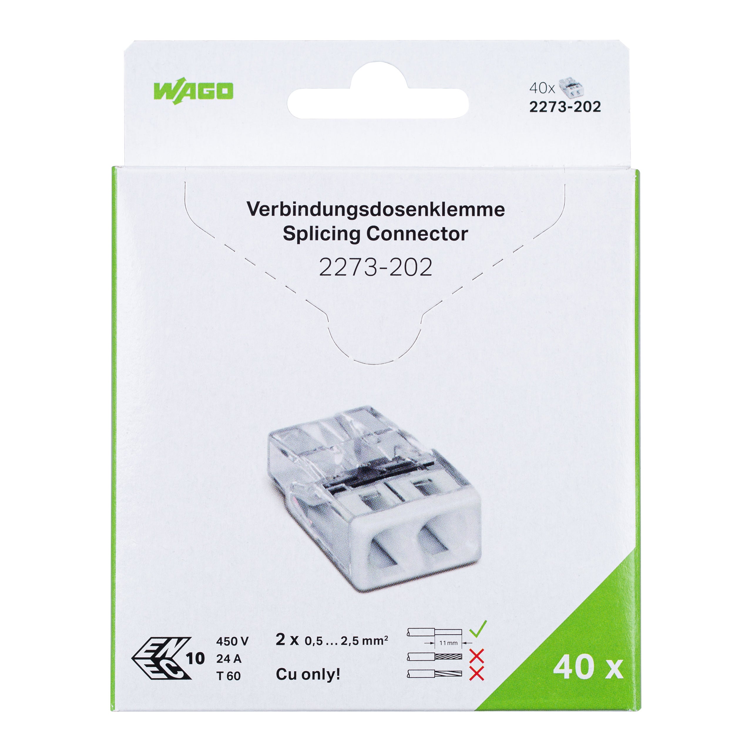 WAGO 2273-202 Szybkozłączka Złączka na Drut 2x 0,5-2,5mm2 ORYGINALNA 40szt
