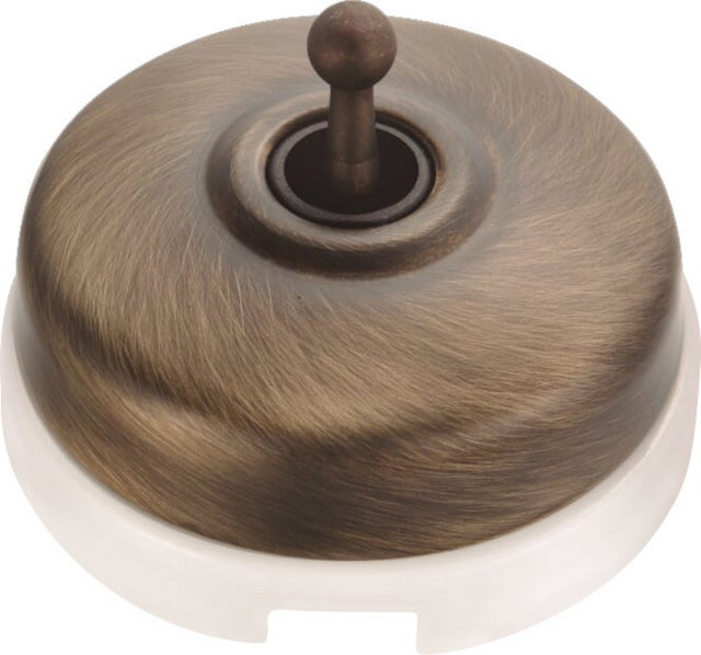 Interrupteur Va-et-Vient Fontini DIMBLER, porcelaine blanche, coque bronze, 10 A 250 V, garantie 10 ans, saillie, visserie incluse