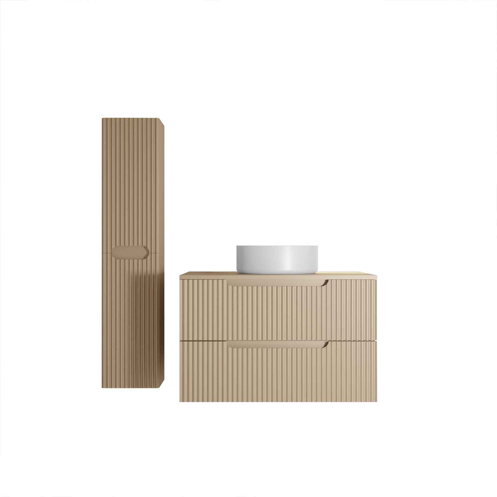 Meuble et colonne de Salle de Bains LEON 80cm Marron Glace - Façades Ondulées - Vasque Ronde 36cm - 3