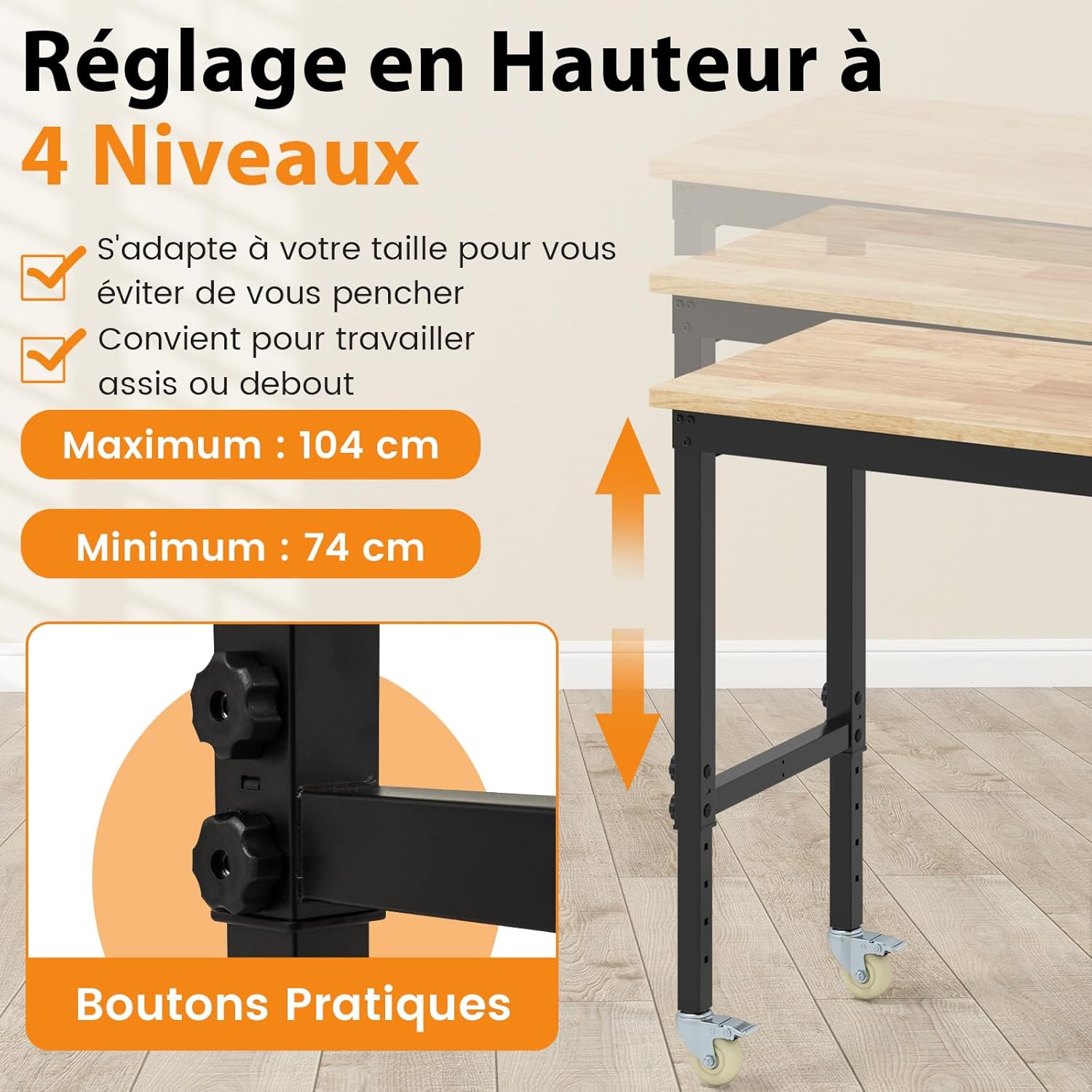 Établi de Travail Bricolage pour Atelier Garage, Hauteur Réglable 74-104cm, Table de Travail à roulettes Verrouillables - 2