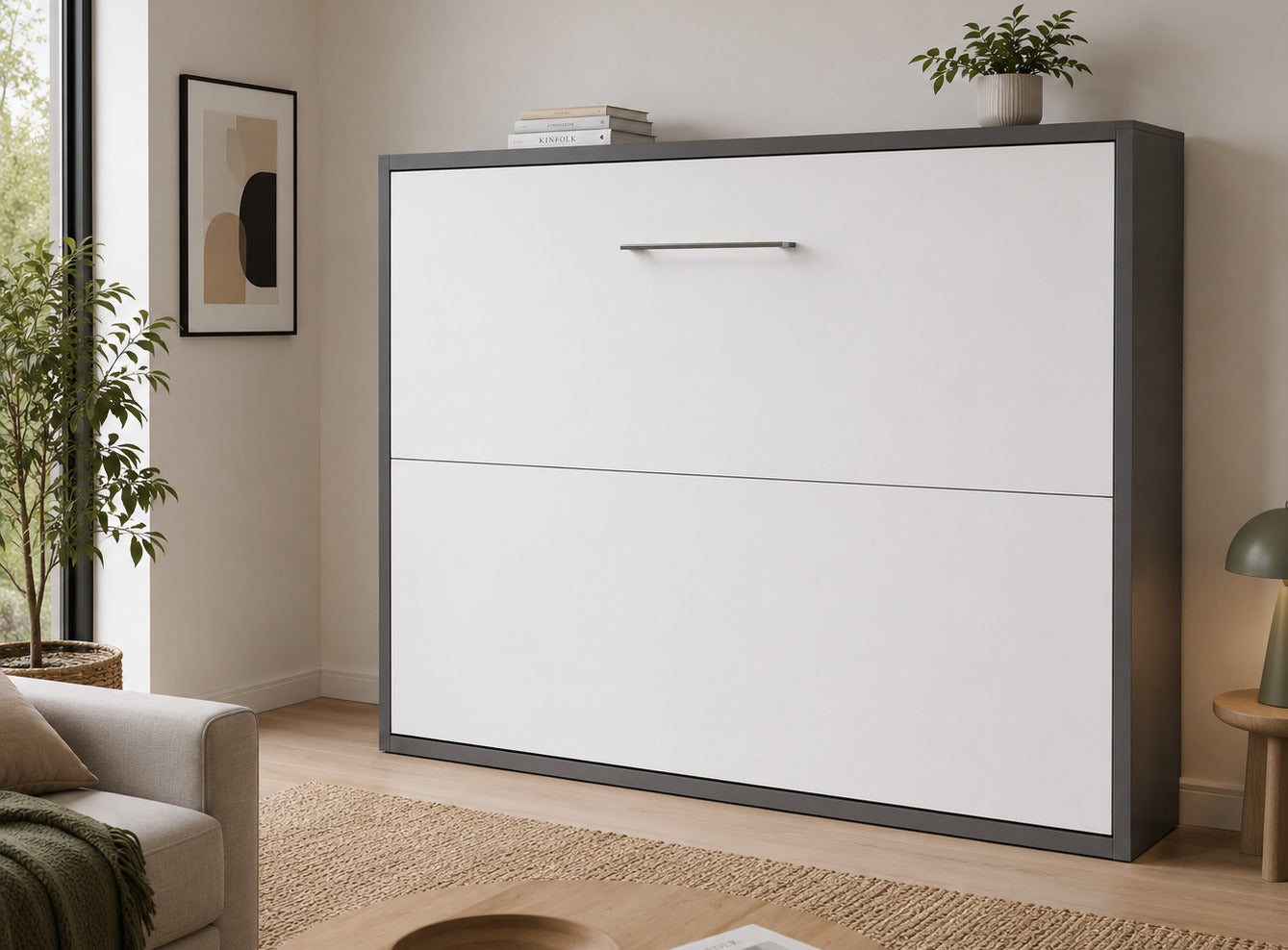 Lit escamotable horizontal KLIKA - Sommier à lattes - Poignée acier brossé 54cm-160x200-Cadre Gris ciment-Façade Vison - 4