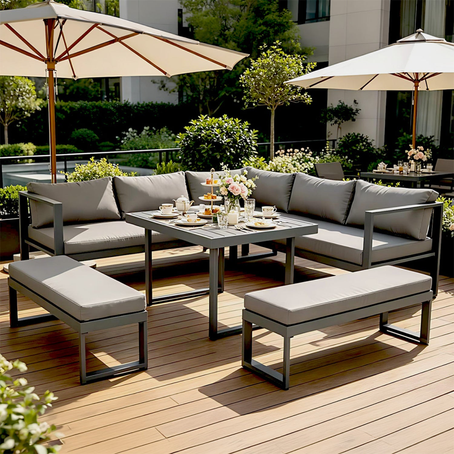 Salon de jardin gris foncé 7-9 places canapé + 2 bancs MARBELLA - 6