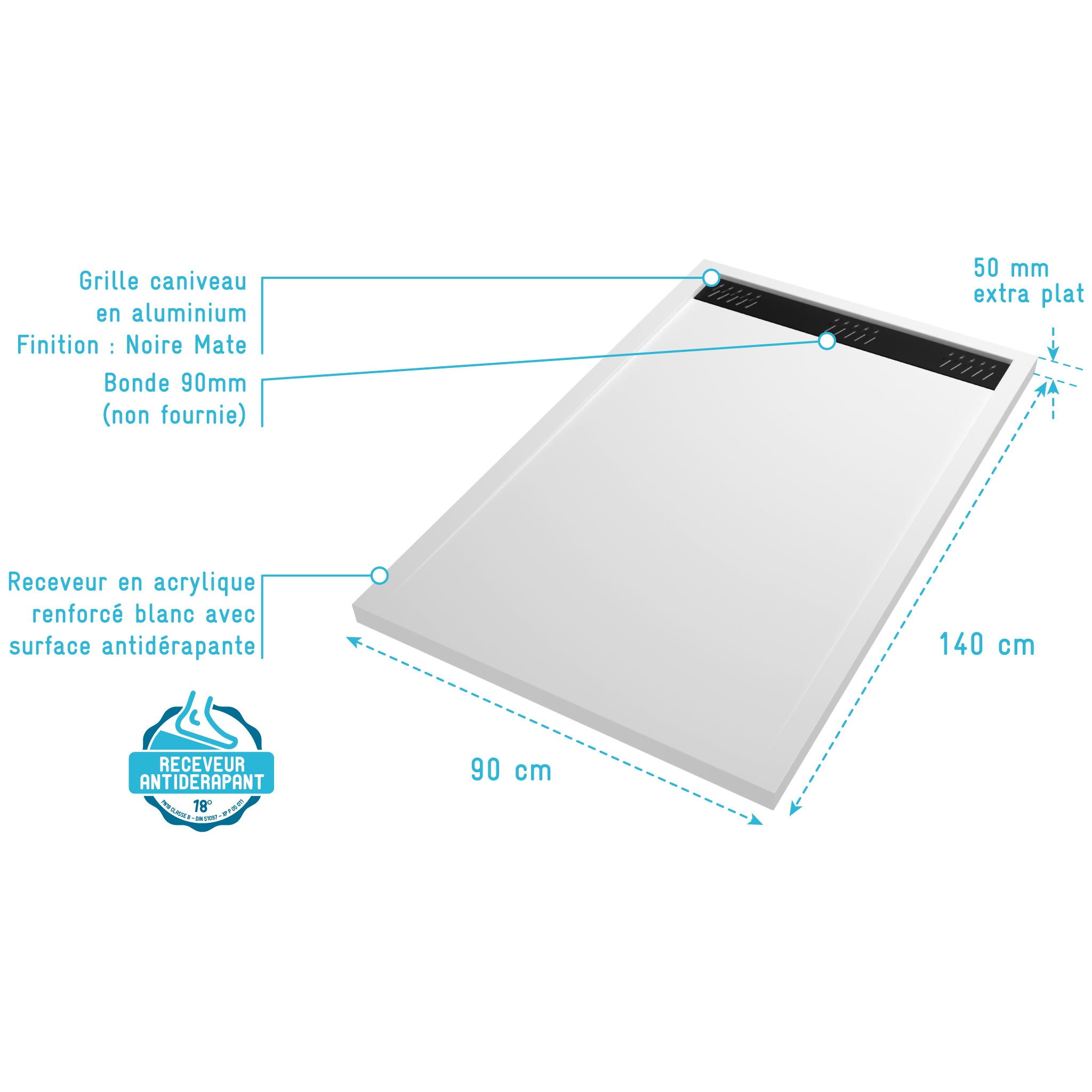 Receveur en acrylique Blanc 90x140x5 cm + Grilles Linéaires Chrome et Noire - WHITENESS II - 4
