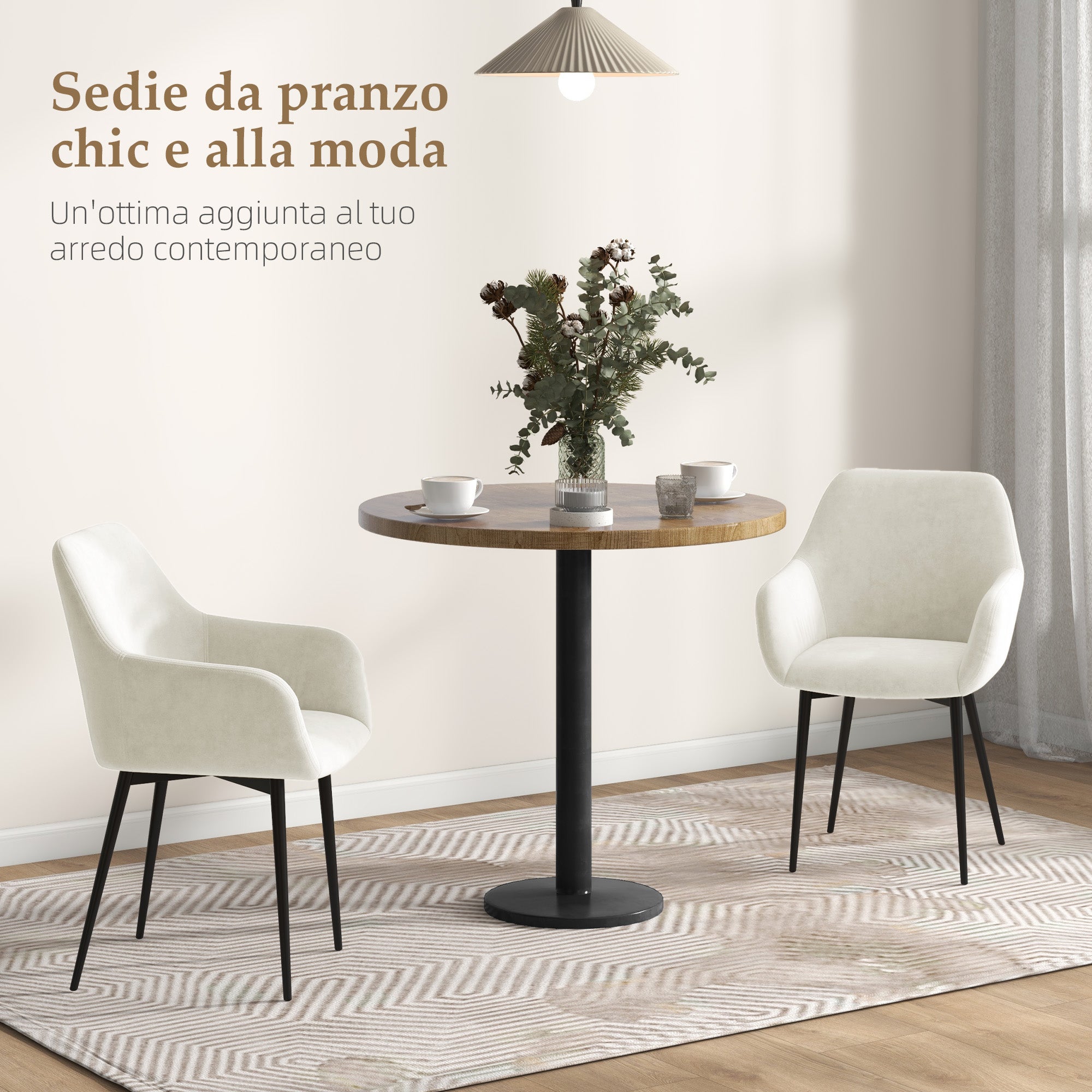 HOMCOM Set 2 Sedie da Pranzo Nordiche Imbottite con Braccioli Ricurvi in Tessuto Effetto Velluto, 54x57x80 cm, Crema - 4