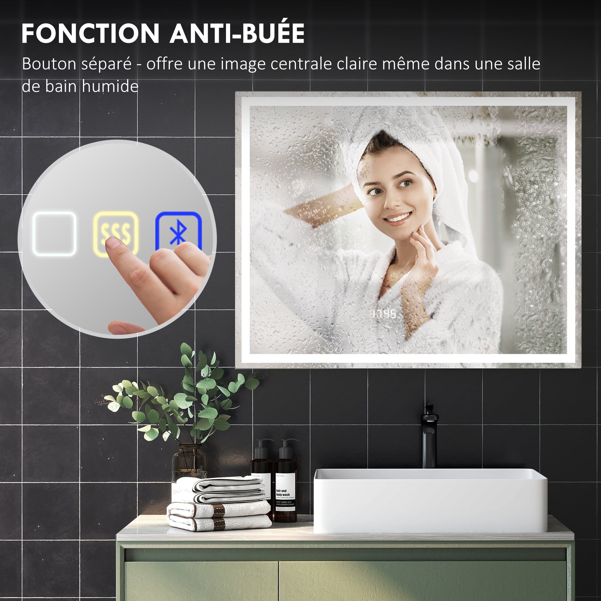 Miroir salle de bain LED bluetooth 80 x 100 cm interrupteur tactile lumière réglable 3 couleurs anti-buée mémoire argent - 9