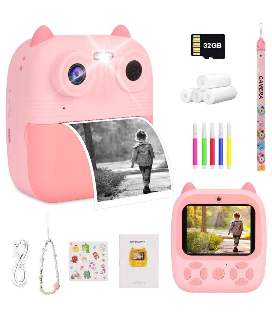 Fotocamera Istantanea Bambini CHAKEYAKE – 20MP 1080p Con Display 2.4", 32GB E 3 Rotoli Carta Colore (Rosa)