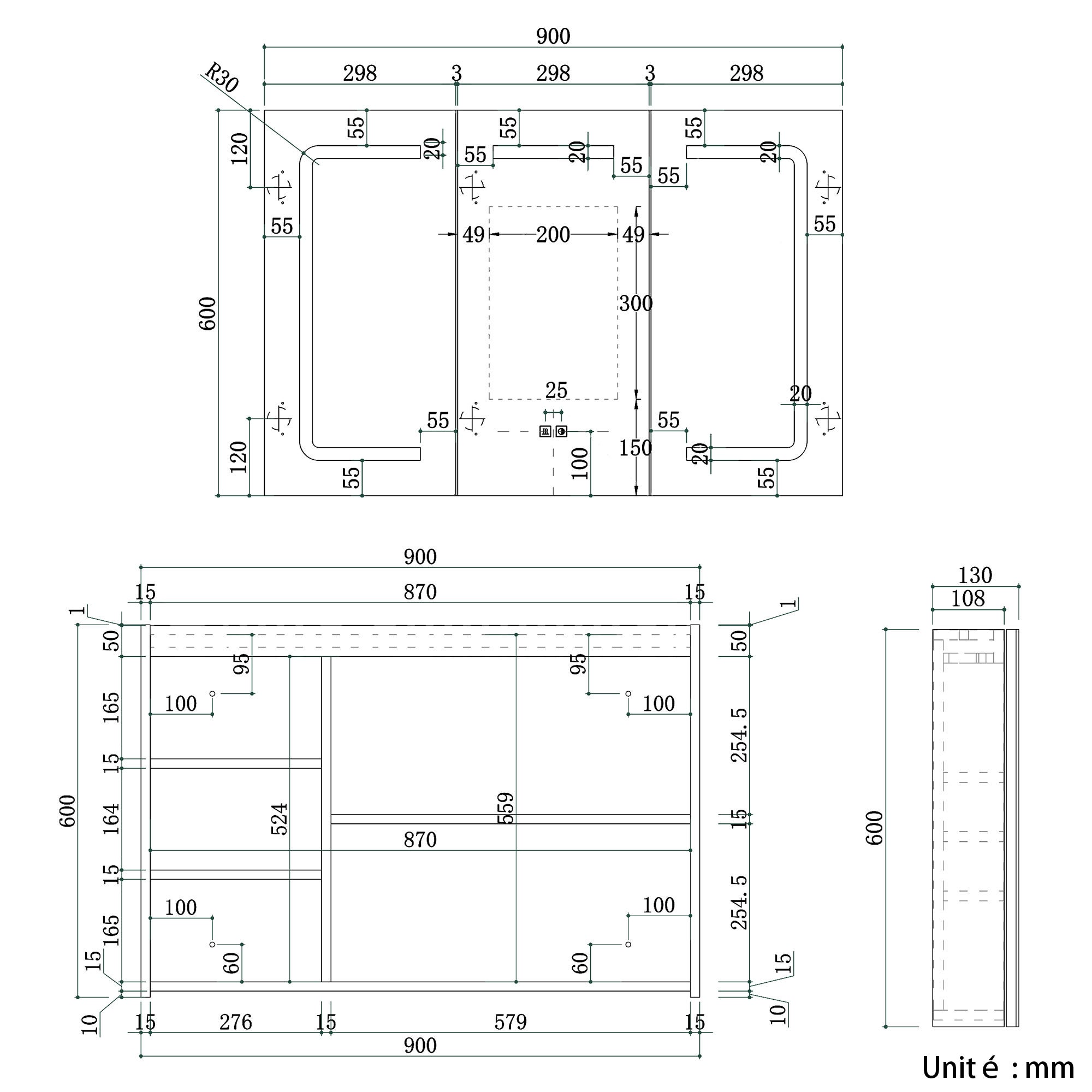 SIRHONA Grande Armadio Specchio 3 Ante Bagno 90x60x13cm, Specchio Anti-Appannamento Locale 3 Luci e Ampio Ripostiglio con Presa - Grigio Marocco - 9
