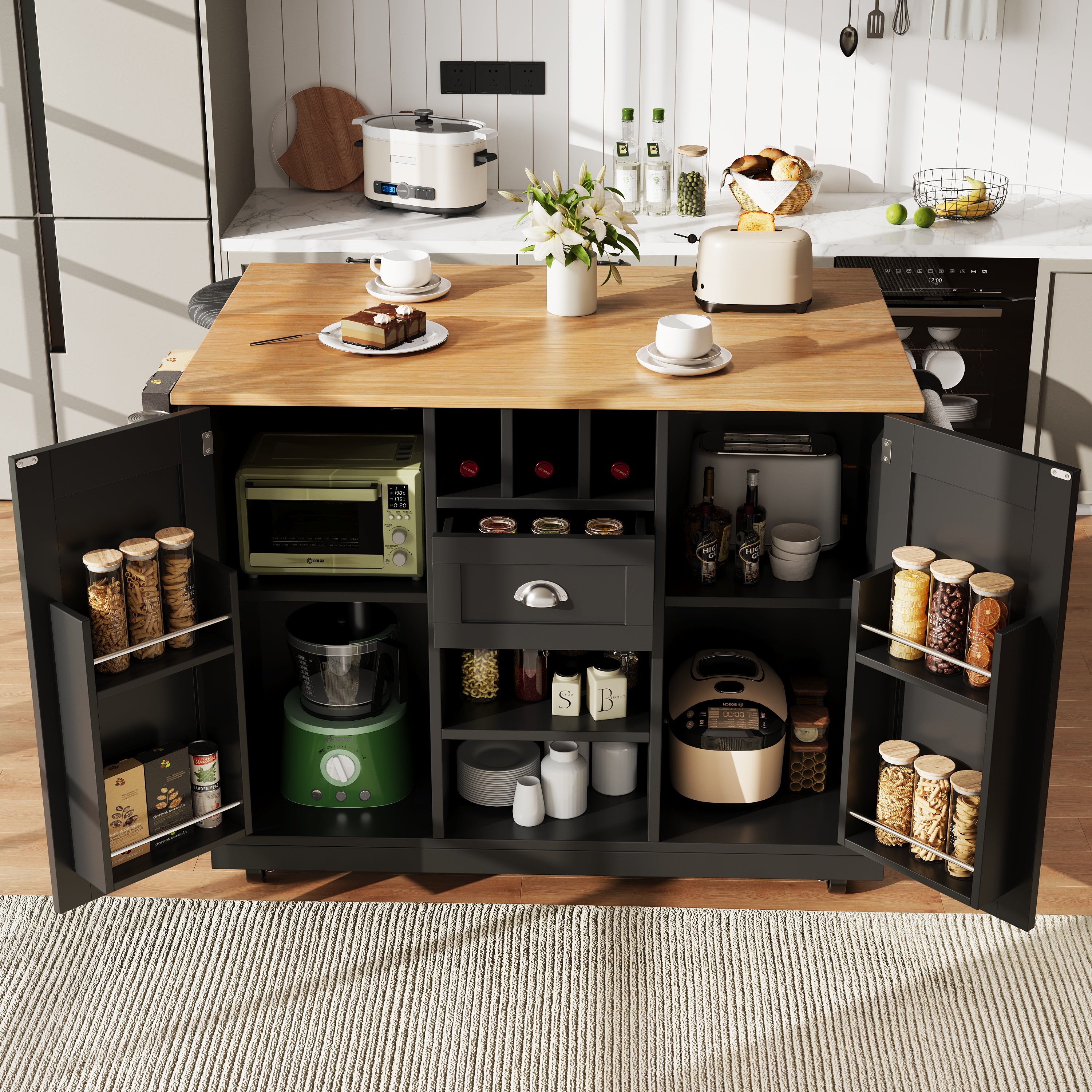 Mobilna wyspa kuchenna 140x70x93,5 cm - 1 szuflada i 2 drzwi - wysuwany blat - z kółkami - czarna
