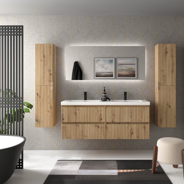 Móvel de casa de banho KIRA Carvalho 140cm 4 gavetas lavatório Toscana 2 cubas Carga Mineral