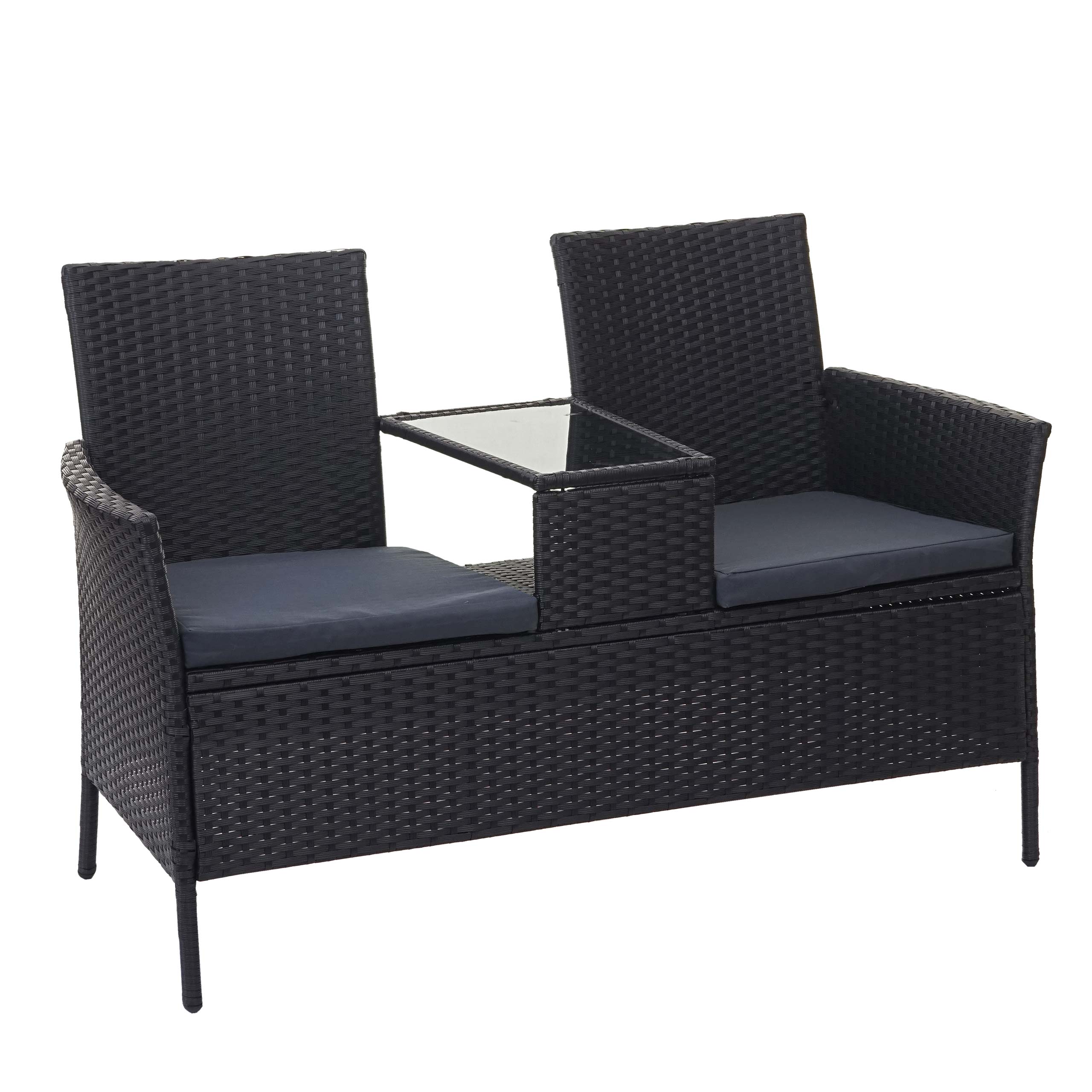 Ławka z polyratanu ze stolikiem HWC-E24, zestaw ogrodowy, sofa ogrodowa, 132 cm ~ czarna, poduszki ciemnoszare