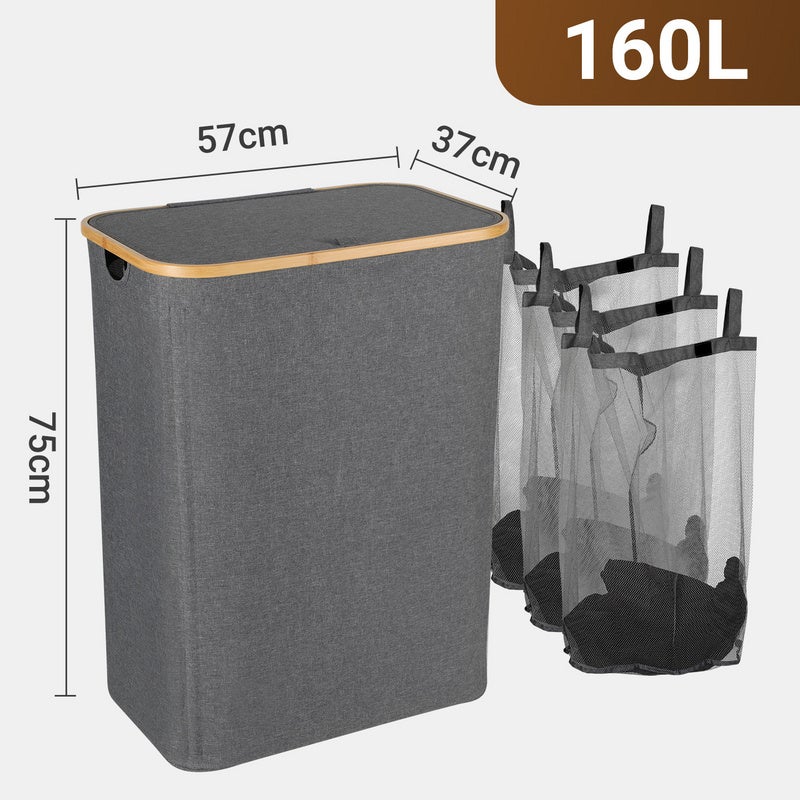 Panier à linge gris, 57 x 37 x 75 cm, avec couvercle et poignées - 2