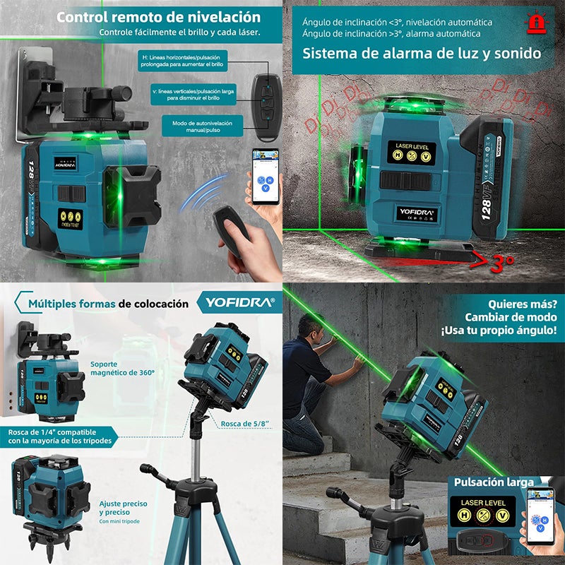 OBOSOE Livella laser 4D, 16 linee, autolivellante a 360°, misurazione verticale e orizzontale, treppiede da 1 metro incluso, batterie non incluse - 6