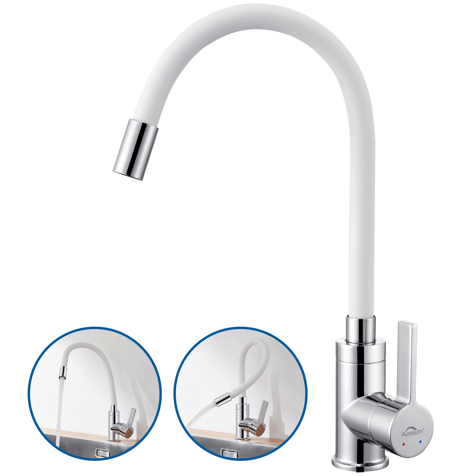 Mezclador Cocina Auralum Max Blanco Flexible Boca Alta Orientable Libremente Grifo Fregadero