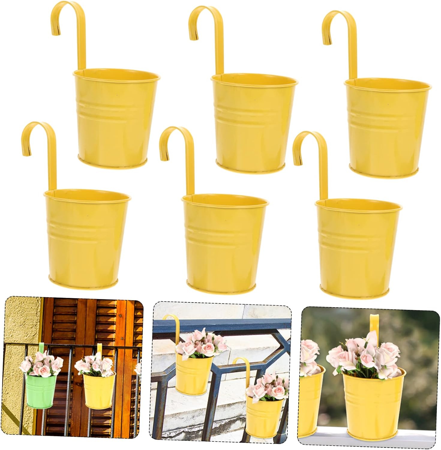 6 szt. metalowych doniczek wiszących o średnicy 10 cm, mała wisząca doniczka do wewnątrz i na zewnątrz na balkonie - z odpinanymi haczykami - żółta