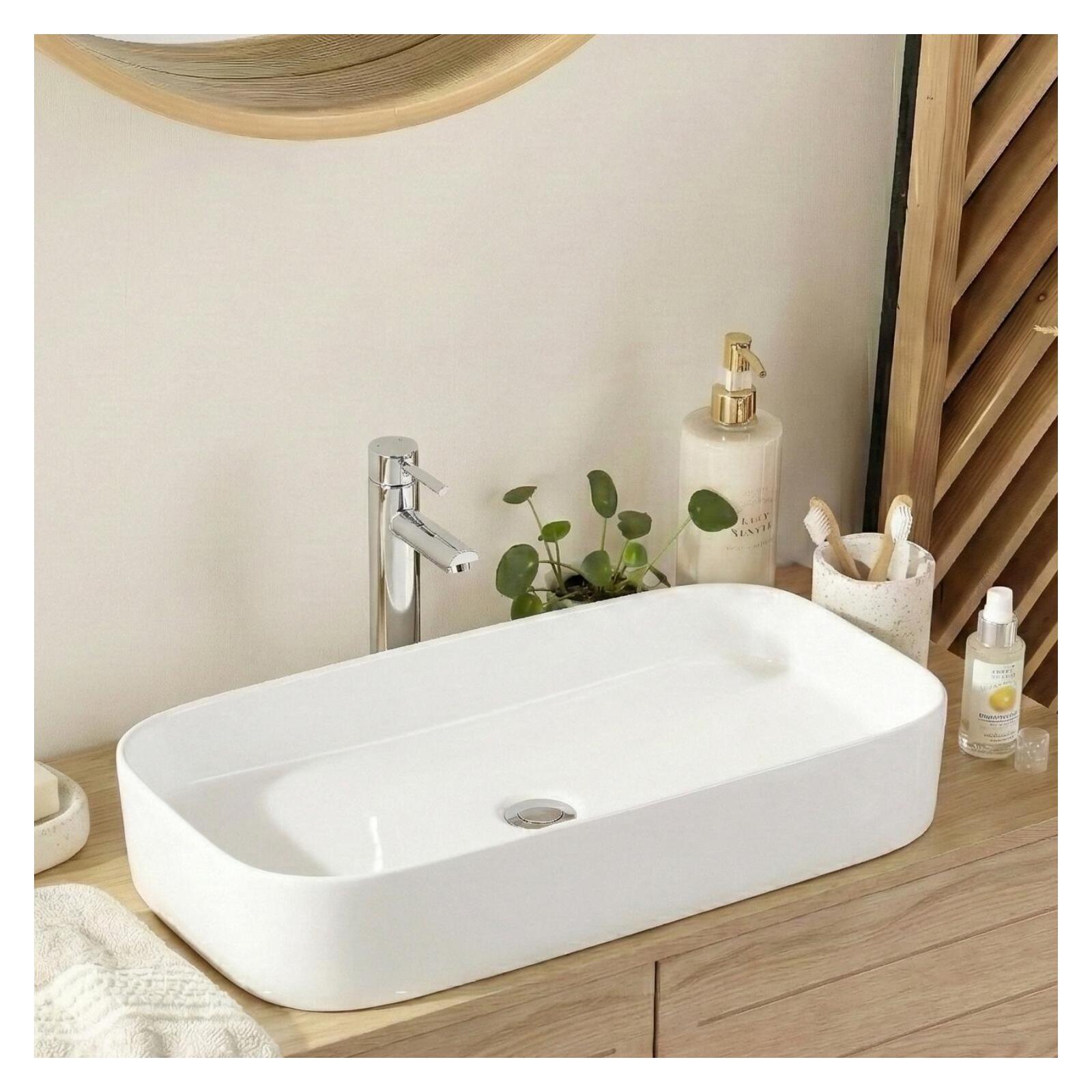 Vasque à Poser En Céramique Noir Mat 61 Cm – 3 Trous Pour Robinet – Bonde 4,5 Cm