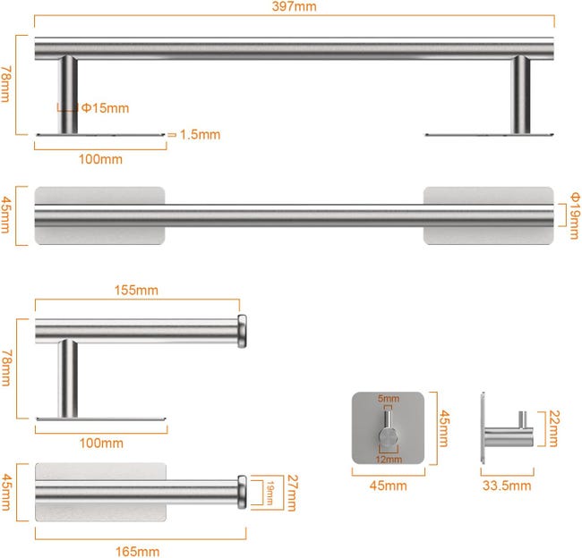 Set portasciugamani da bagno in acciaio inox, ganci autoadesivi e porta carta igienica (nero, 5 pezzi) | Leroy Merlin Set portasciugamani da bagno in acciaio inox, ganci autoadesivi e porta carta igienica (nero, 5 pezzi) | Leroy Merlin