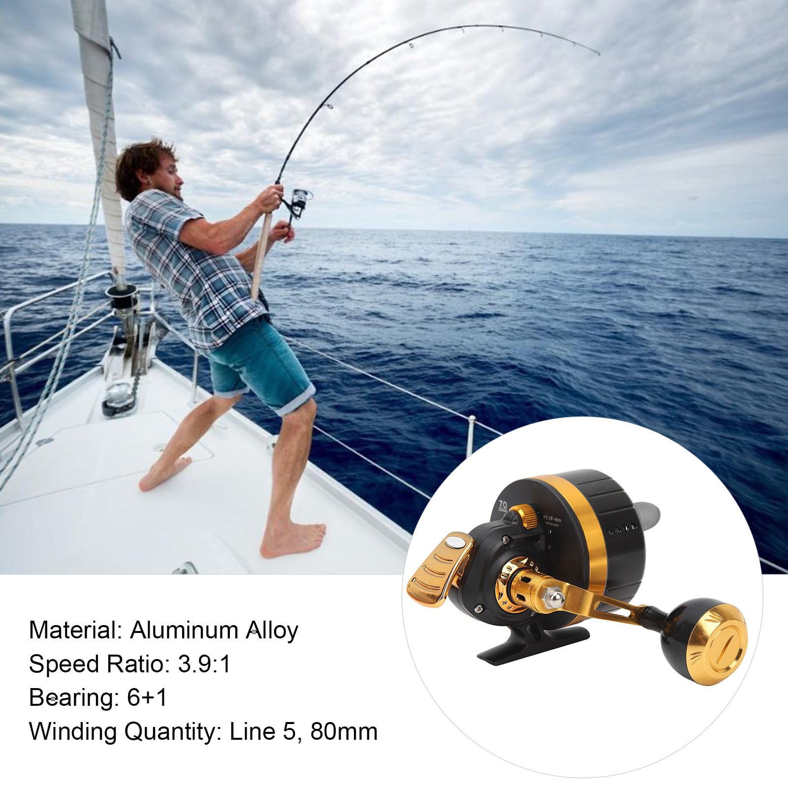 Mulinello da Pesca in Mare a 2 Velocità 50W 80W, Mulinello da Traina per Grandi Prede, Pesca al Tonno e Marlin, Colore Blu/Oro, Mano Destra